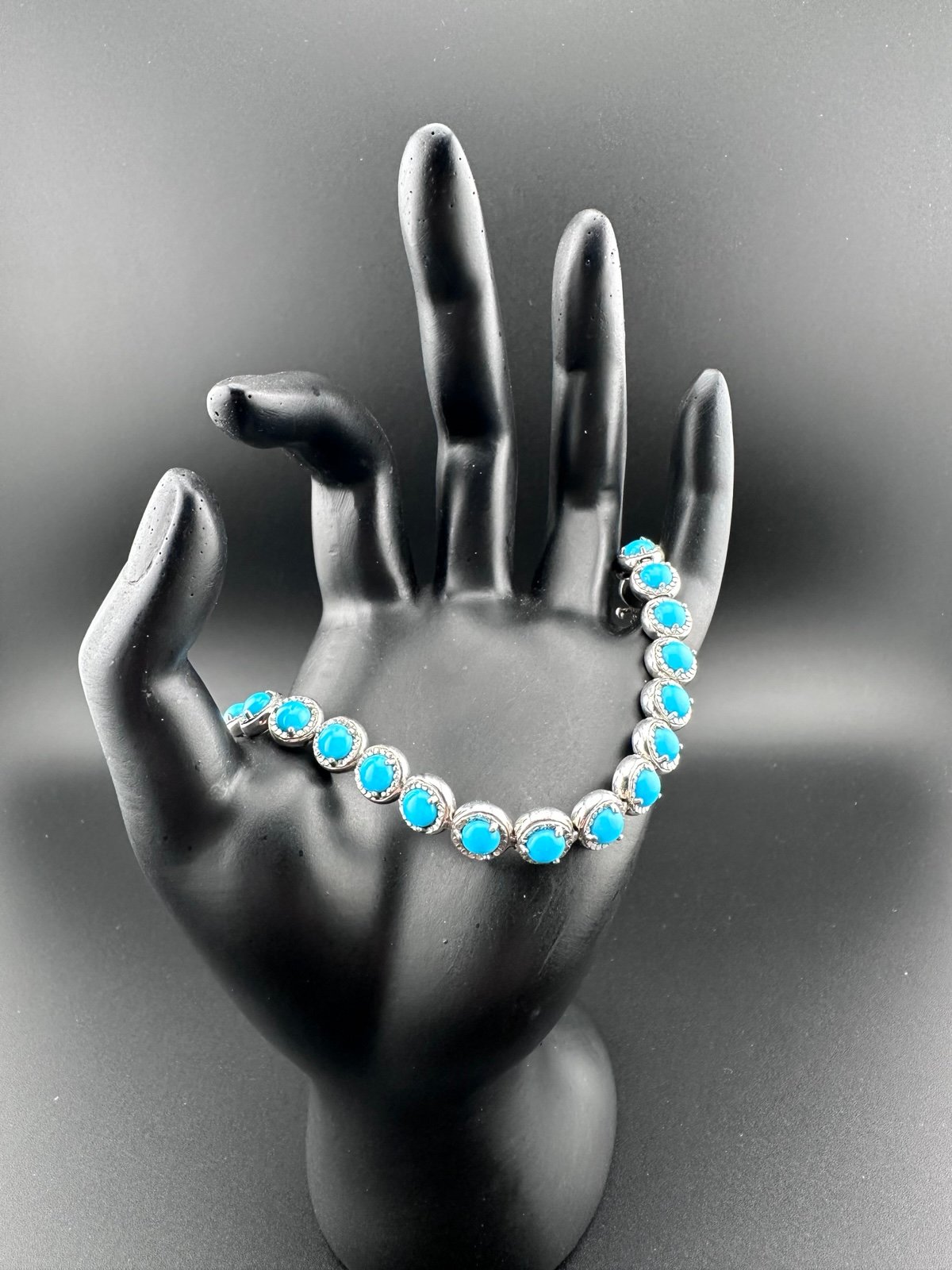 VTG Turquoise & Sterling Silver Tennis Native American Southwestern Bracelet 7.2
