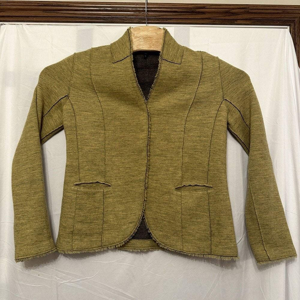 Eileen Fisher Merino Wool Jacket Hidden Snaps Soft Fringe Green Size Small