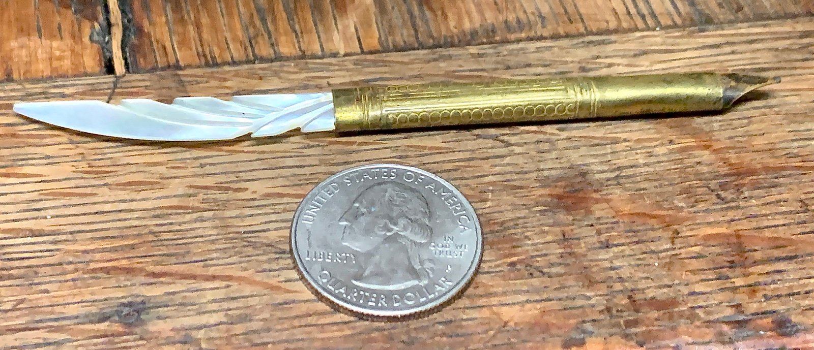 Early 20th Century Gold Tone Mother of Pearl Letter Opener Fountain Pen Quill