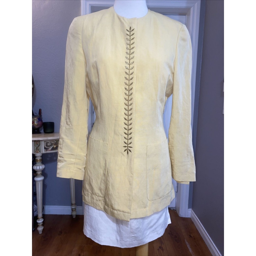 VTG Mondi 2Pcs Skirt Suit Women 36 US 6 Linen Blend Yellow Embroidered Glitter
