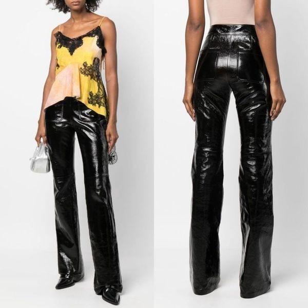 Rare! Dorothee Schumacher Brown Pants Patent Lamb Leather Flared Trousers Sz XS