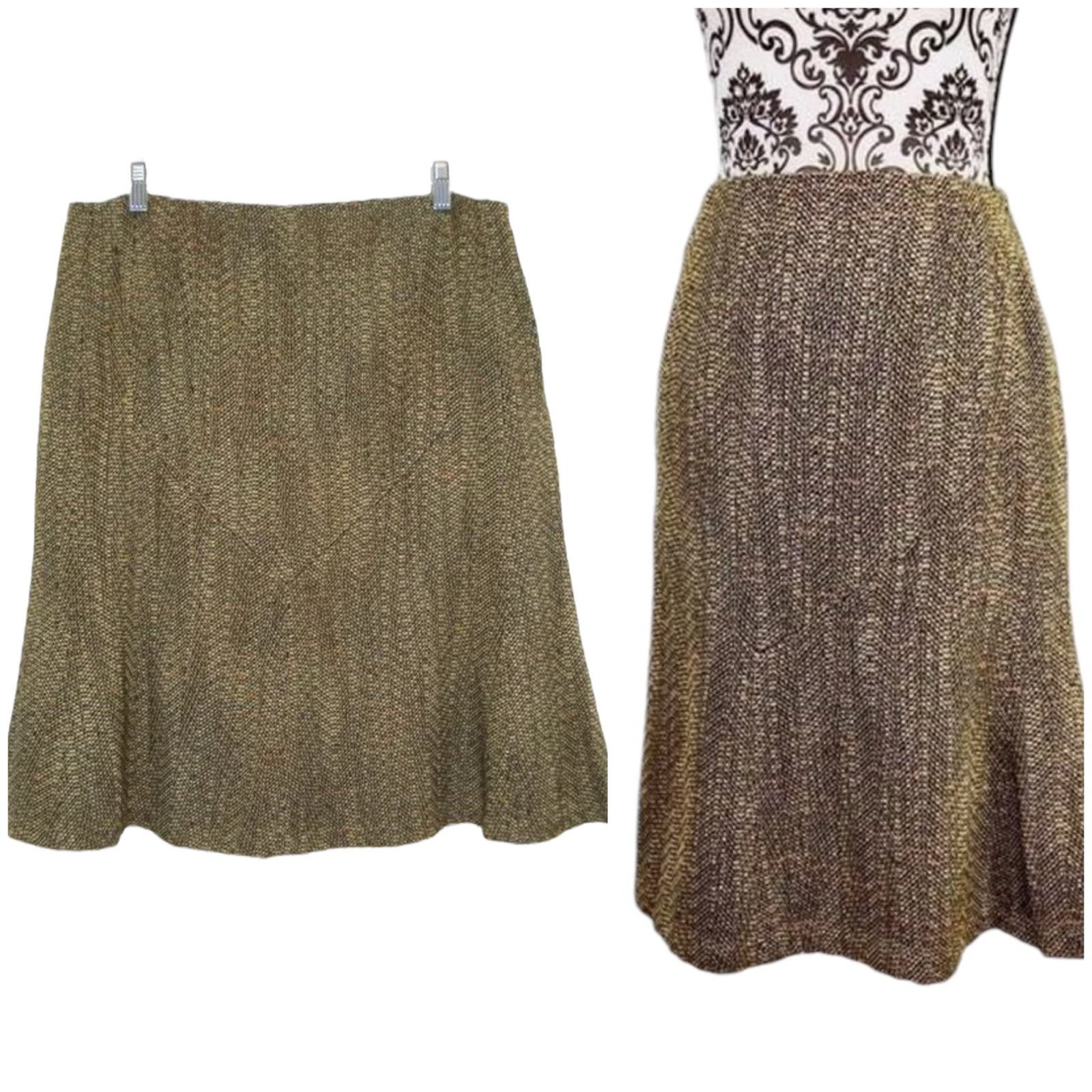 Oscar De La Renta Tweed Skirt Sz 14 A-Line Olive Green Academia Cottagecore Boho