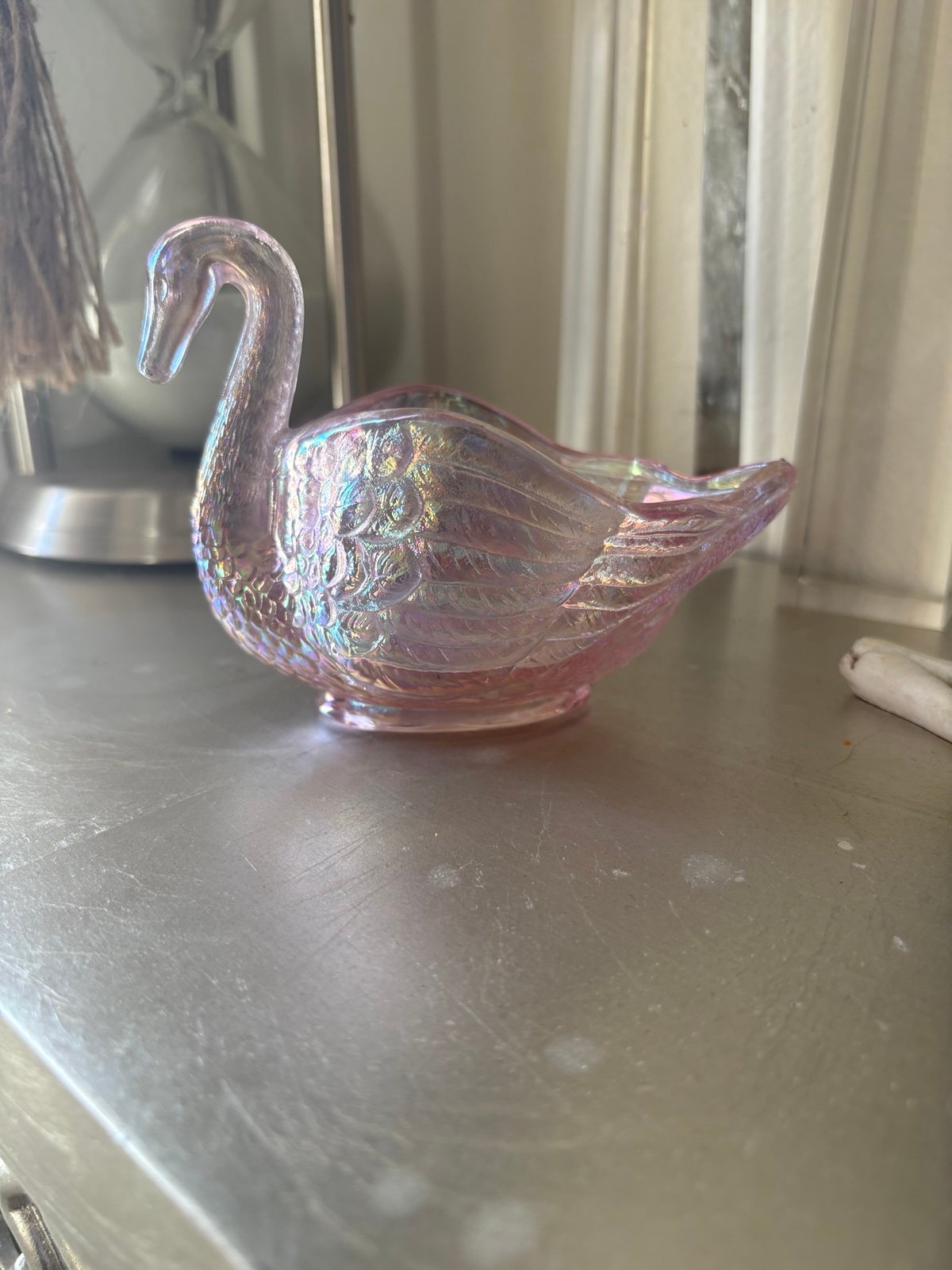 Imperial GlassPink Iridescent Glass Swan Trinket Dish