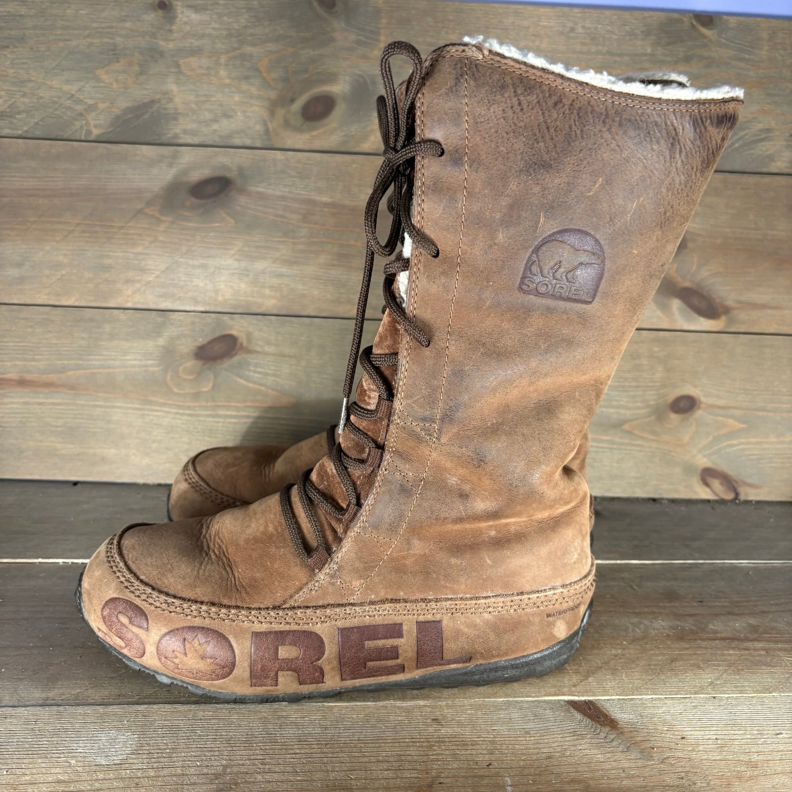 sorel shila womens size 9 shoes brown leather sherpa lined waterproof snow boots