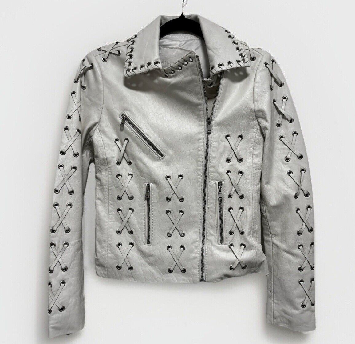 Amaryllis White Leather Moto Jacket With Whipstitching Size XS