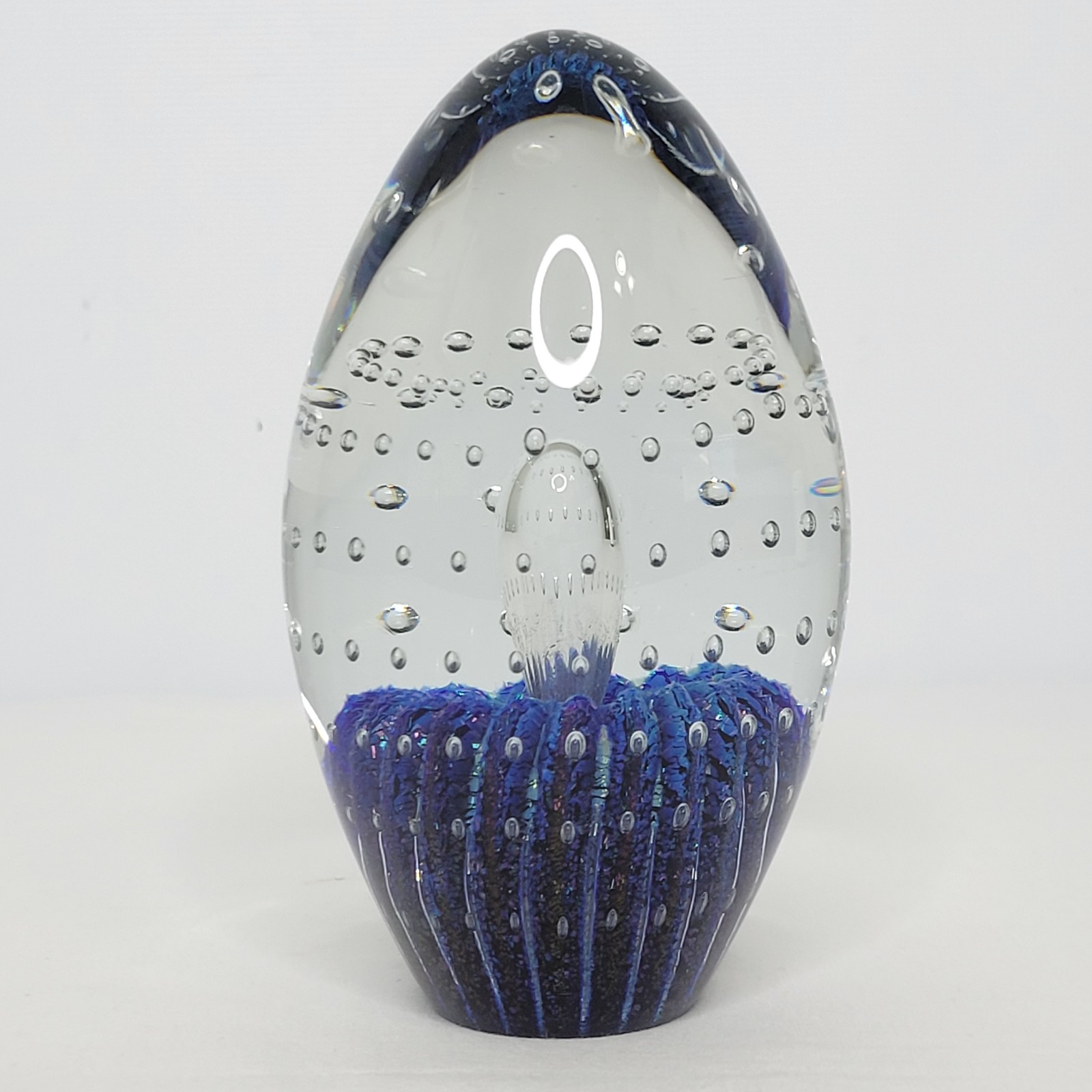 Robert Eickholt 5 Egg Shaped Glass Paperweight Controlled Bubbles Blue Glitter