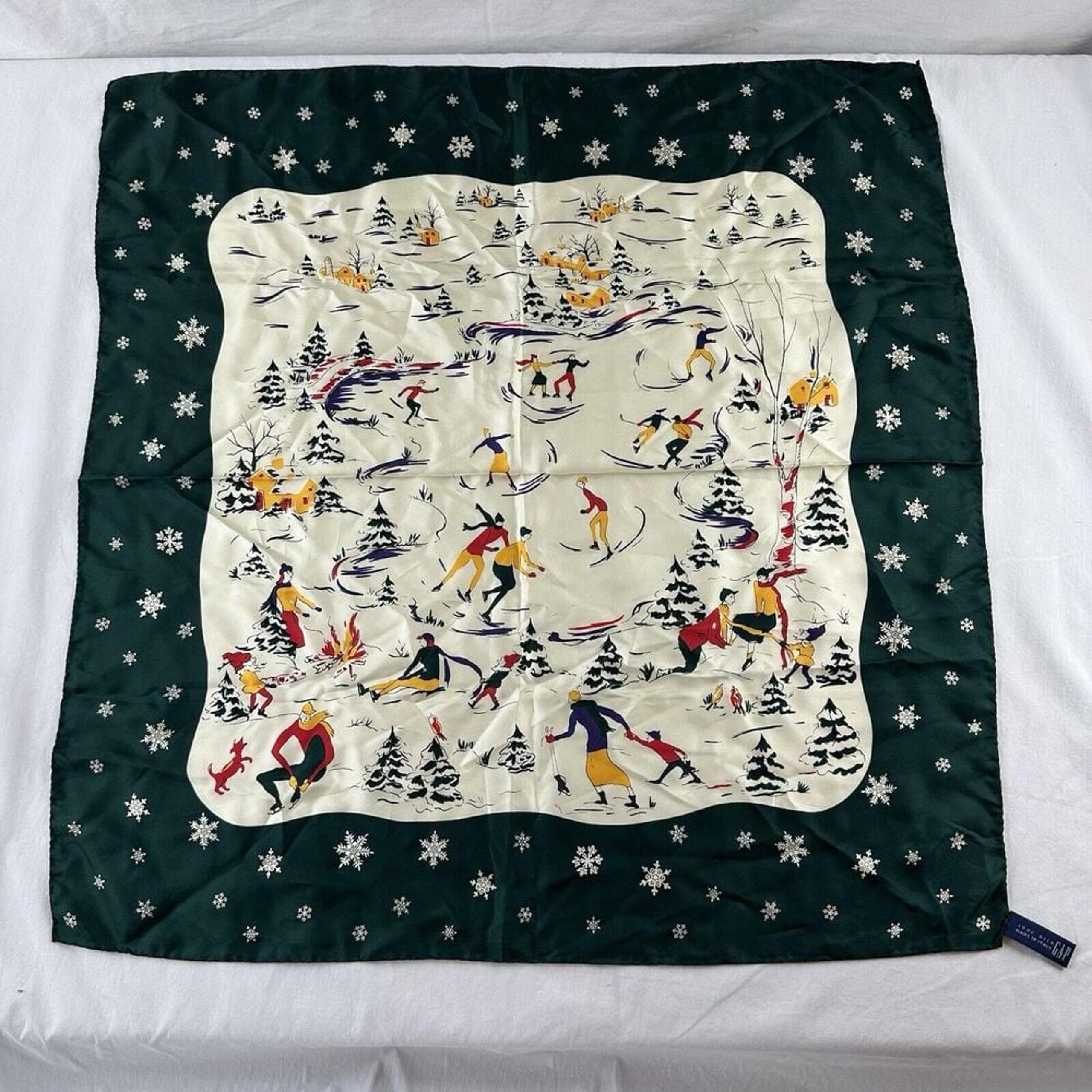 Vintage Scarf GAP 80's 100% Silk Made In Italy Winter Skating Scene Holiday NEW