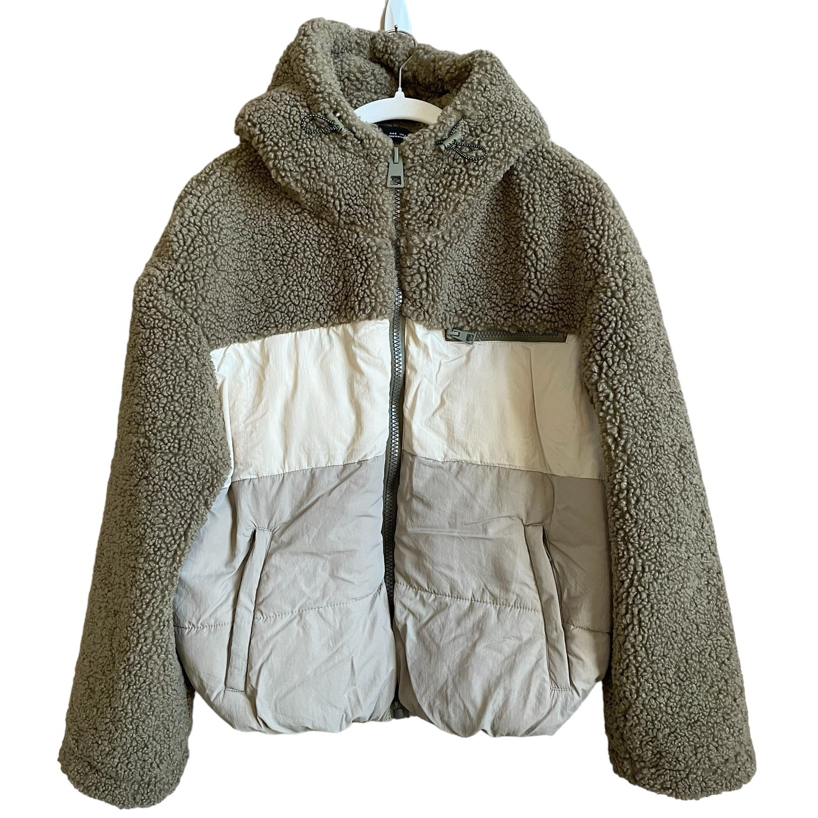 ZARA Neutral Puffer Faux Shearling Mixed Media Jacket Sz Small Sporty Oversized