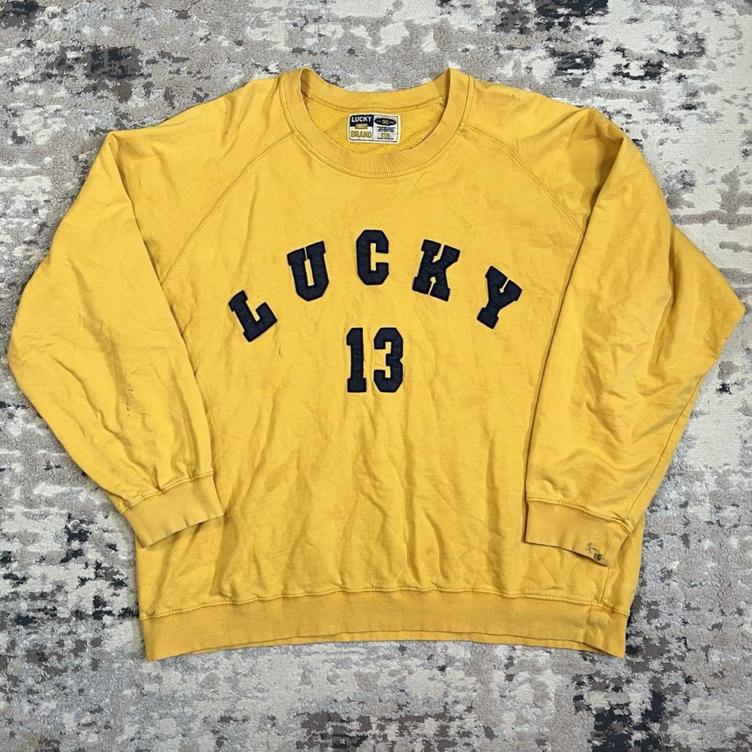 Vintage LUCKY BRAND Sweatshirt Womens XL Big Spell Out Yellow Pullover USA Made