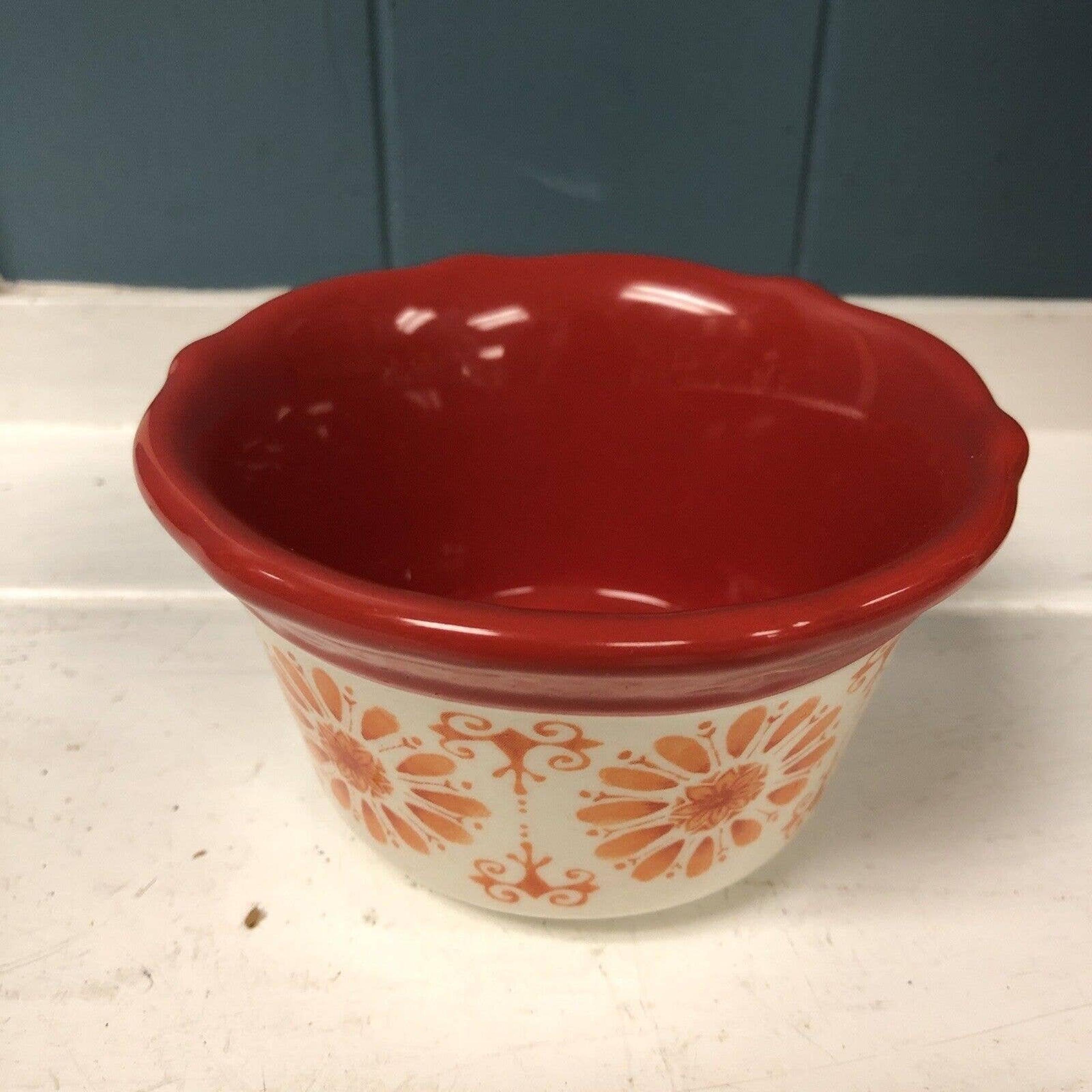 Pioneer Woman Stoneware Ramekin Floral Bursts Dipping Bowl Scalloped Orange