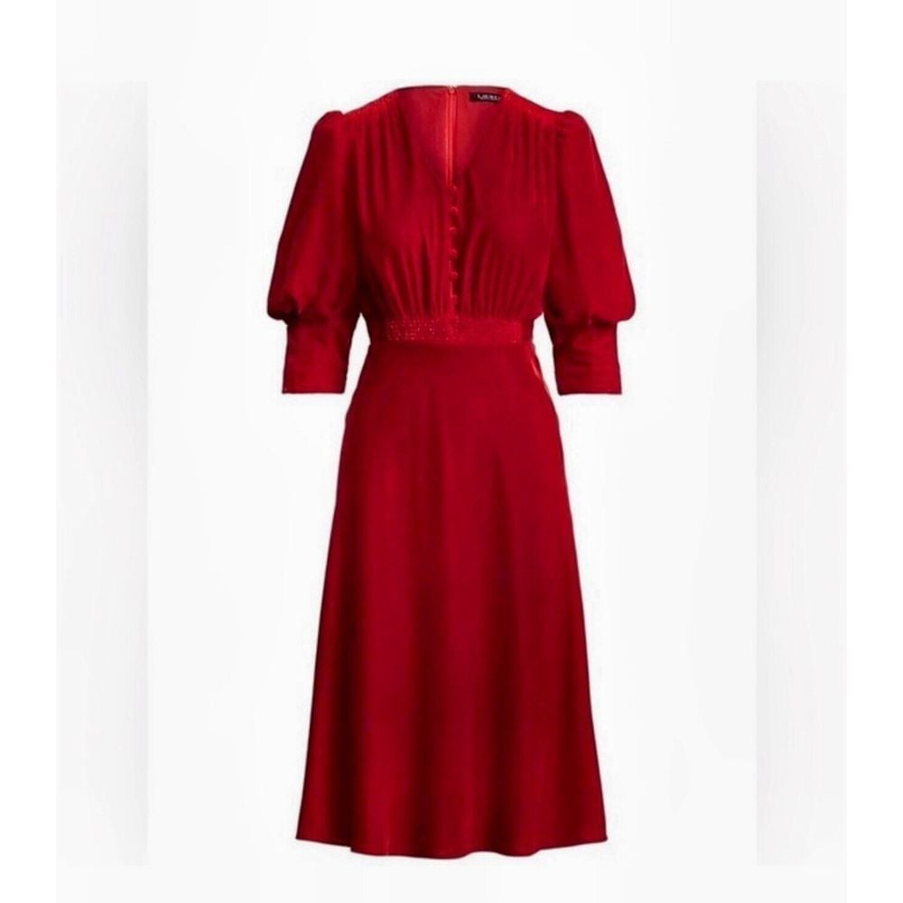 Ralph Lauren Velvet Puff Sleeve Dress 3/4 Sleeve Midi Holiday Red Size 2 US NWT