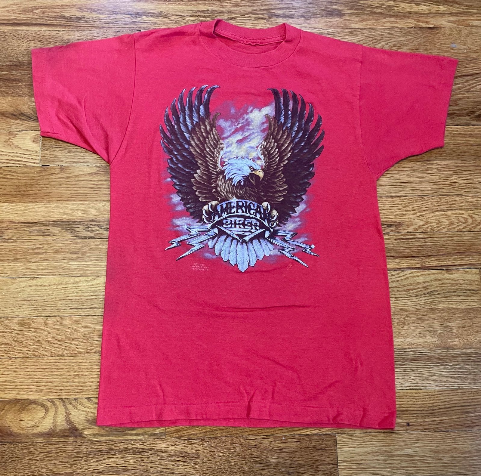 80s 1987 American Biker 3D Emblem t-shirt rare vintage paper thin Harley Davidso