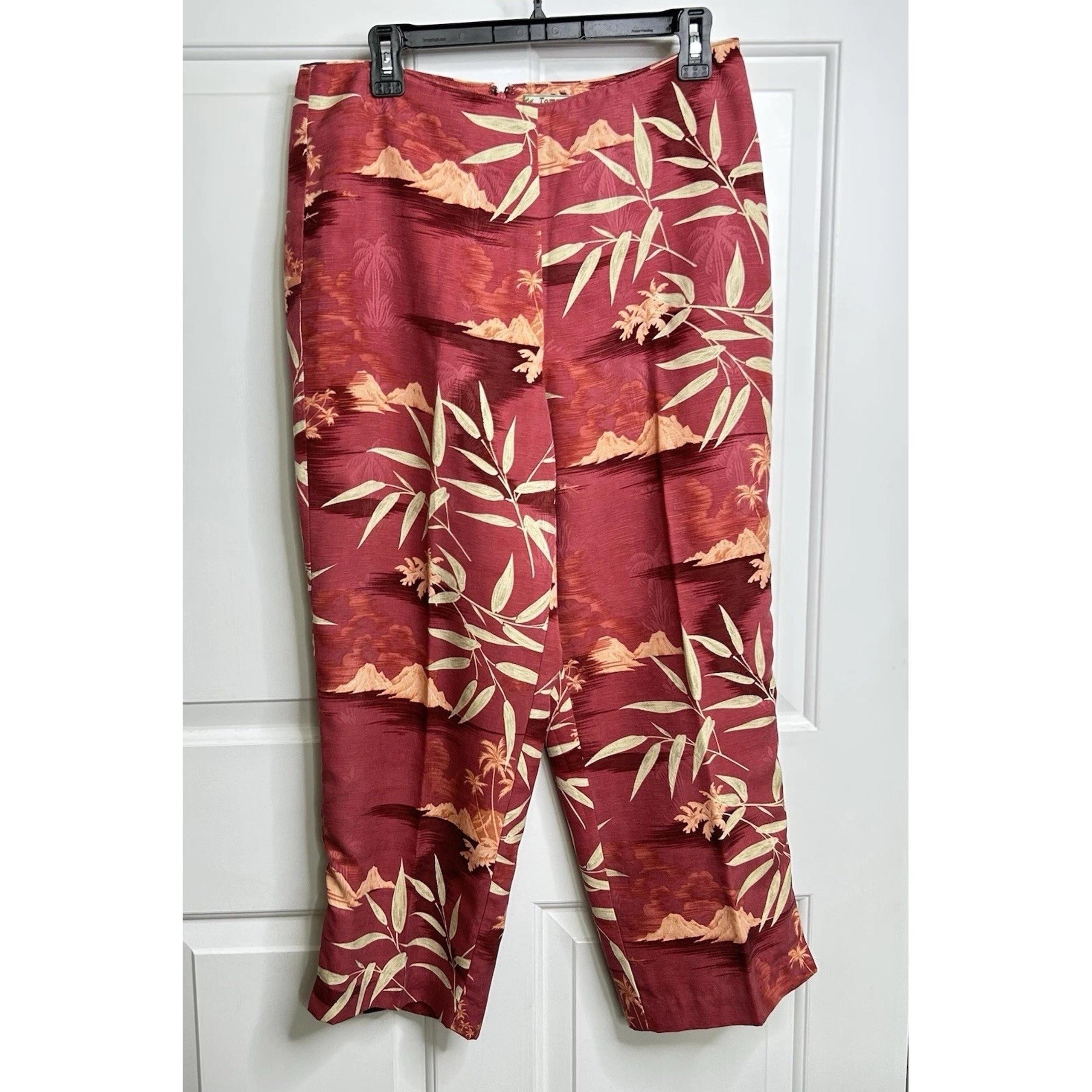 Tommy Bahama Cropped Pants Women's 12 Silk Floral Ankle Slit Hem Zip Up Hawaiian