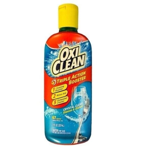 2 x Oxi Clean Triple Action Dishwashing Booster 67 Loads Rinse-Aid 7 Fl Oz