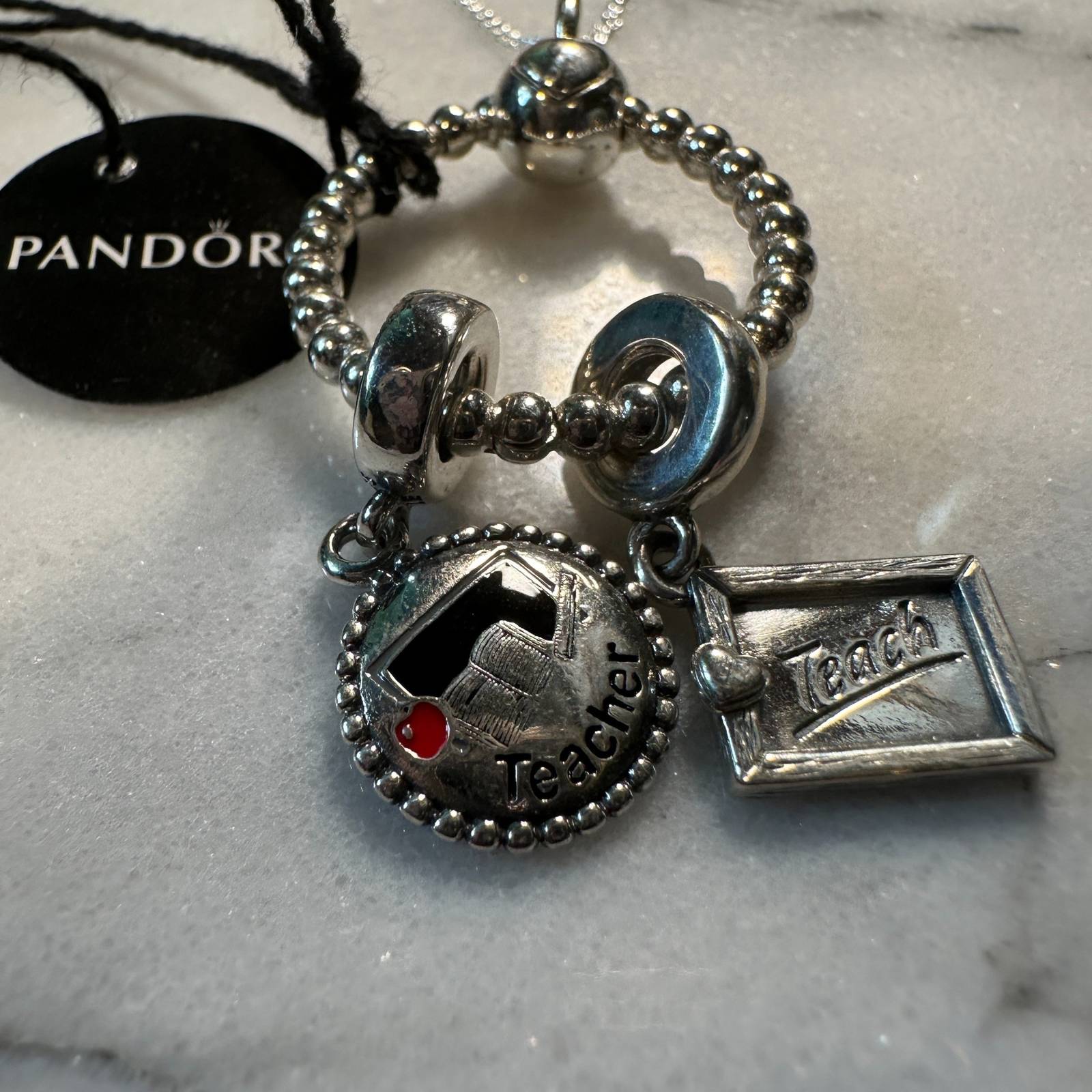 Pandora Genuine O Pendant I LOVE TO TEACH 4 Piece Gift Set Necklace, 925 Silver