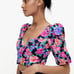 Zara Floral Puffy Sleeve Crop Top w Purple and Pink Flowers Side Zip XS