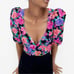 Zara Floral Puffy Sleeve Crop Top w Purple and Pink Flowers Side Zip XS