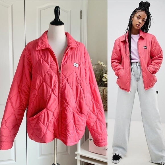 Obey quilted liner jacket with front logo in Coral Pink