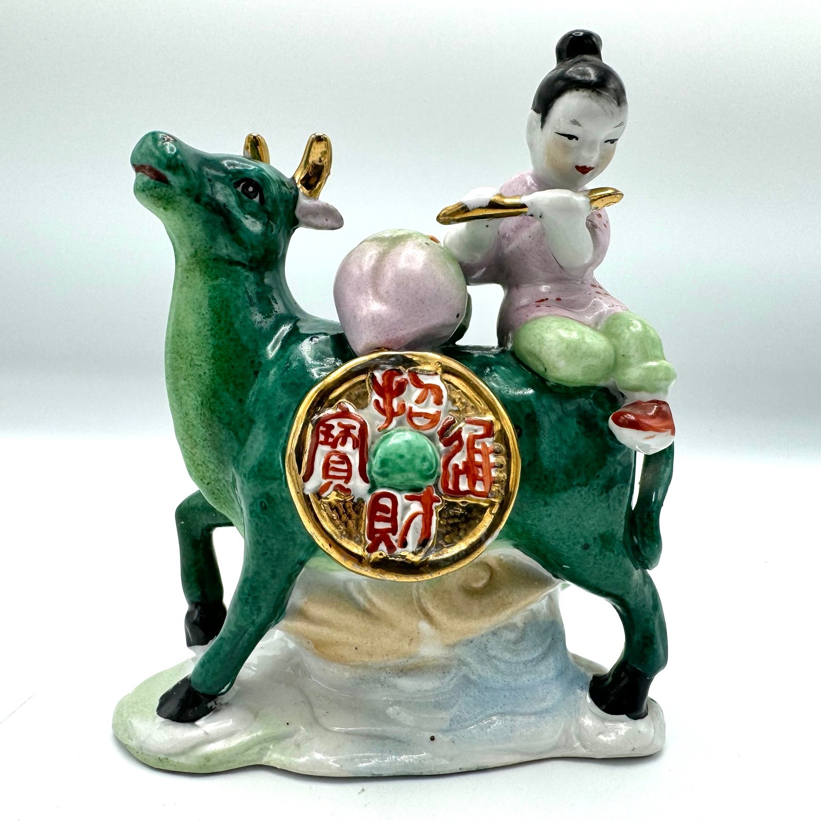 Vintage Chinese Porcelain Flute Player on Buffalo - Qing Dynasty - Rare Girl Ox