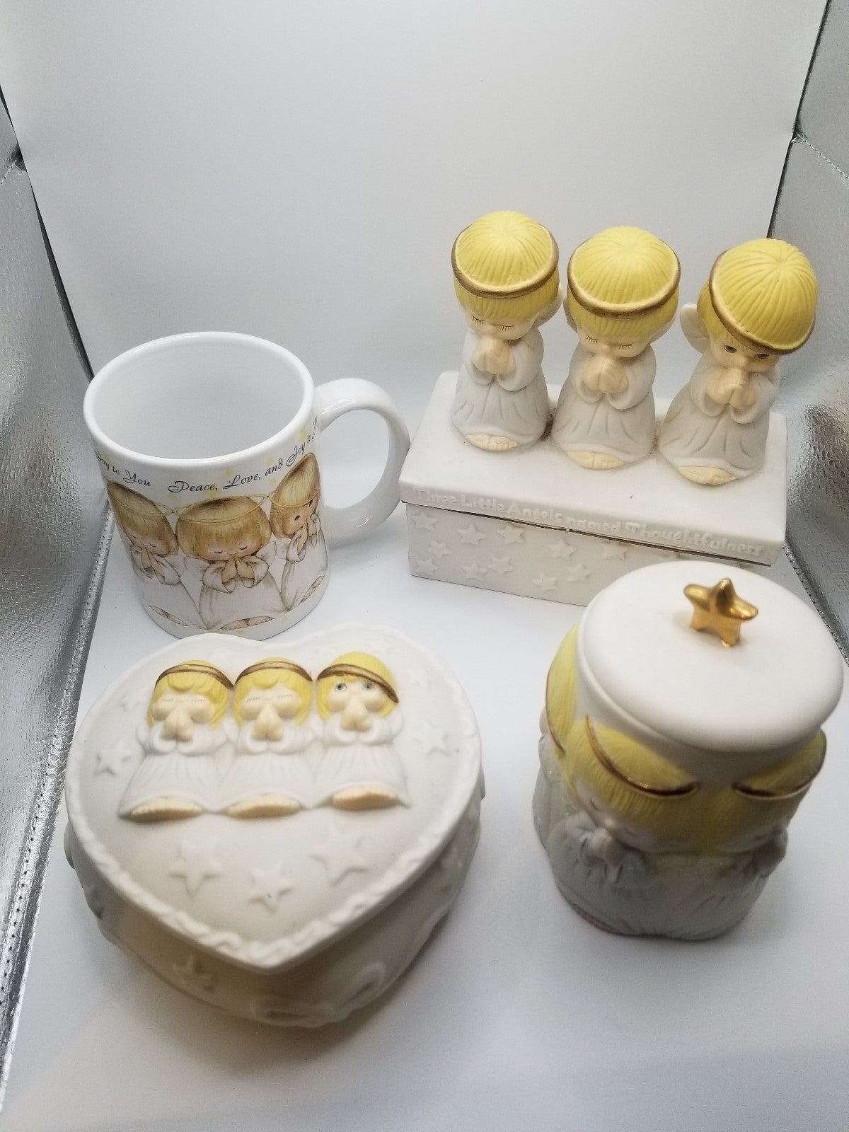 Lot of 4 Hallmark 3 Little Angels 2 Trinket Boxes, Qtip Jar, Coffee Mug