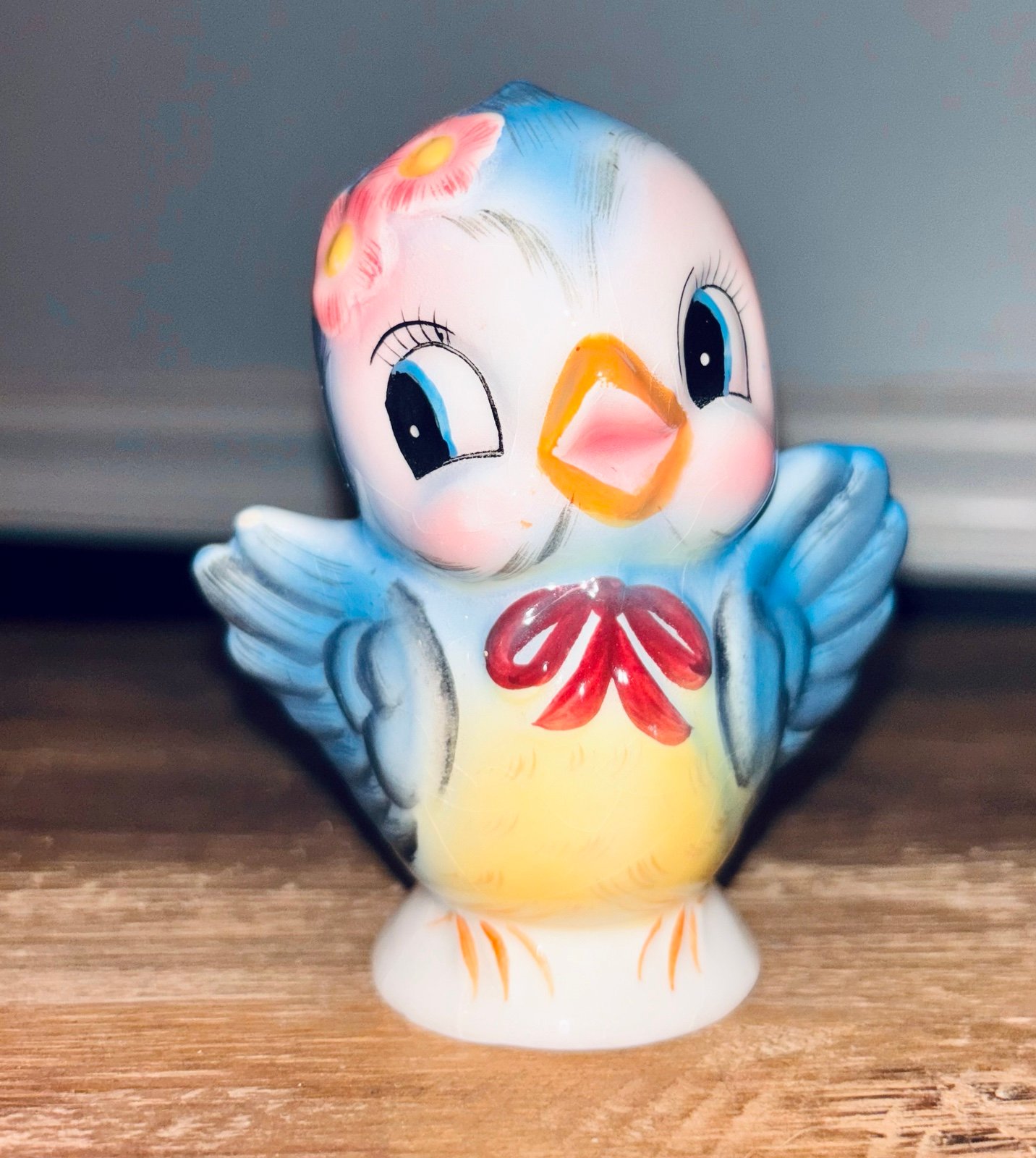 Vintage 1950’s Japan Lefton Blue Bird Salt or Pepper Shaker Girl Pink Red Ribbon