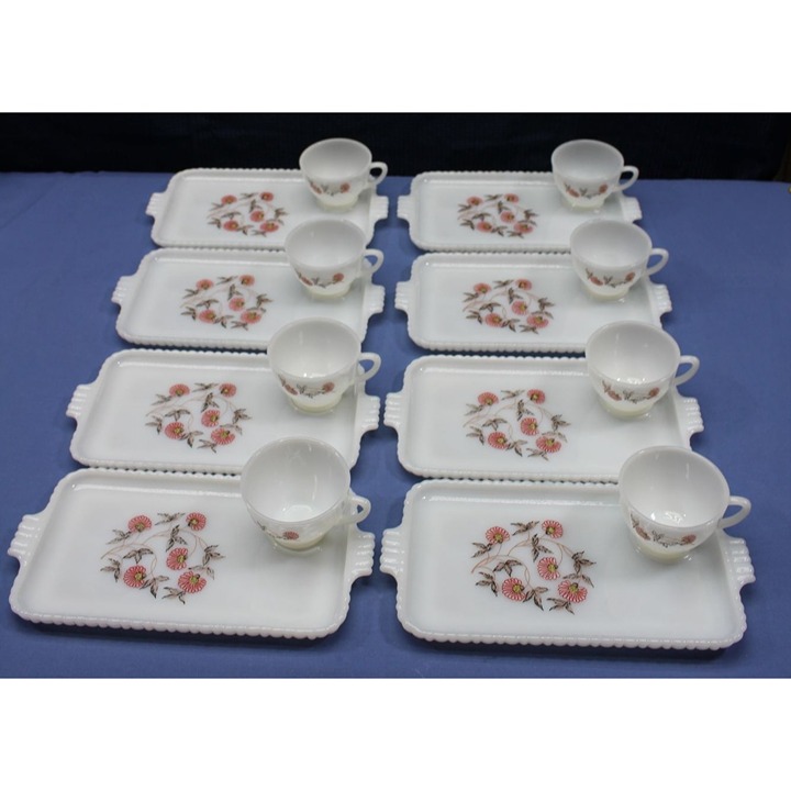 Vtg 1960 Fire King Pink Fleurette Anchor Hocking Milk Glass 8 Snack Tray & cups