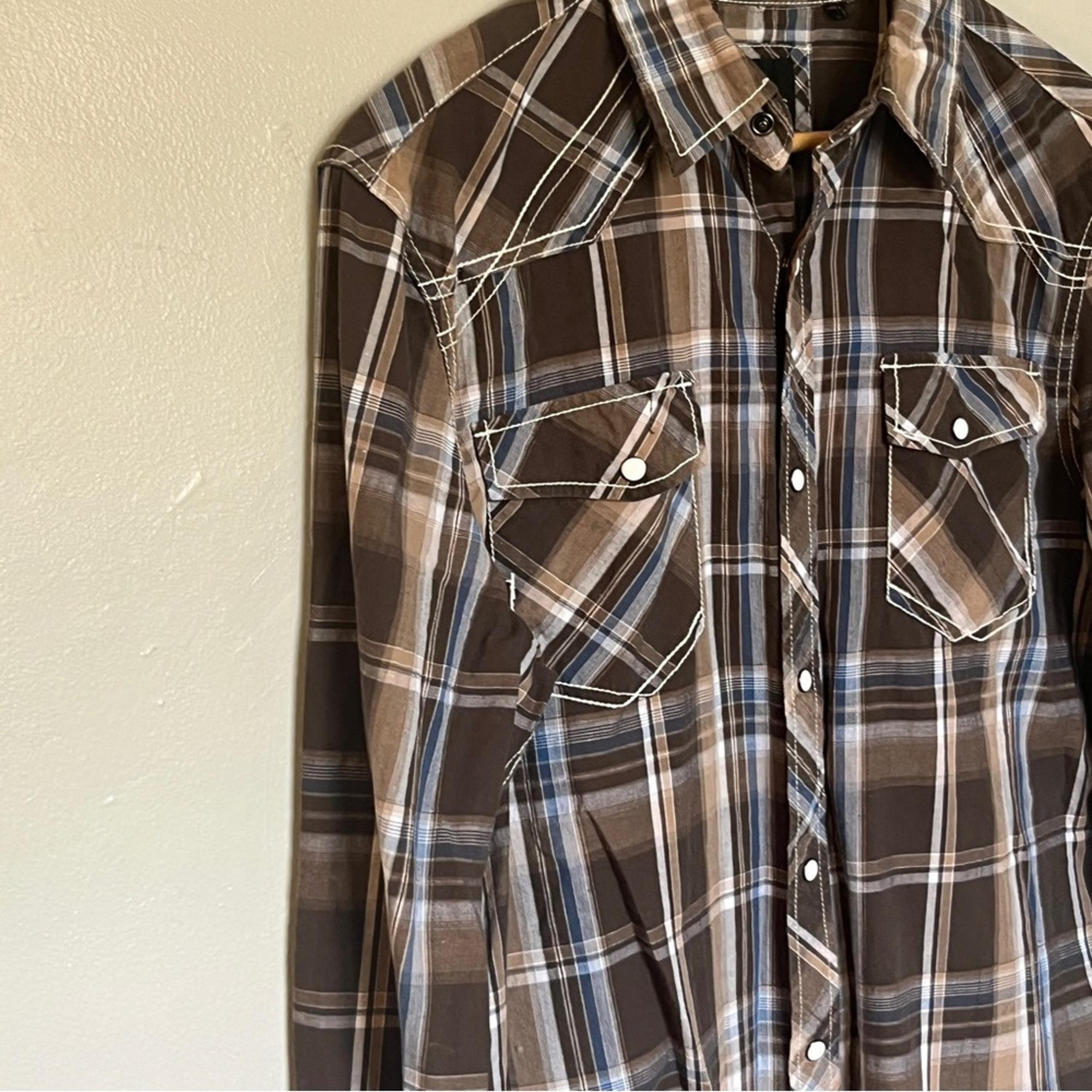Various Artists Mens Brown & Blue Plaid Western Button Up Shirt Size Medium