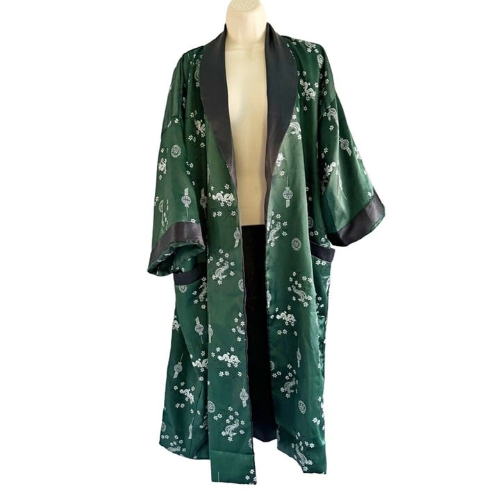 Lanna Pine Thai Silk Woman's Sz L Reversible Black Green Dragon Kimono Robe