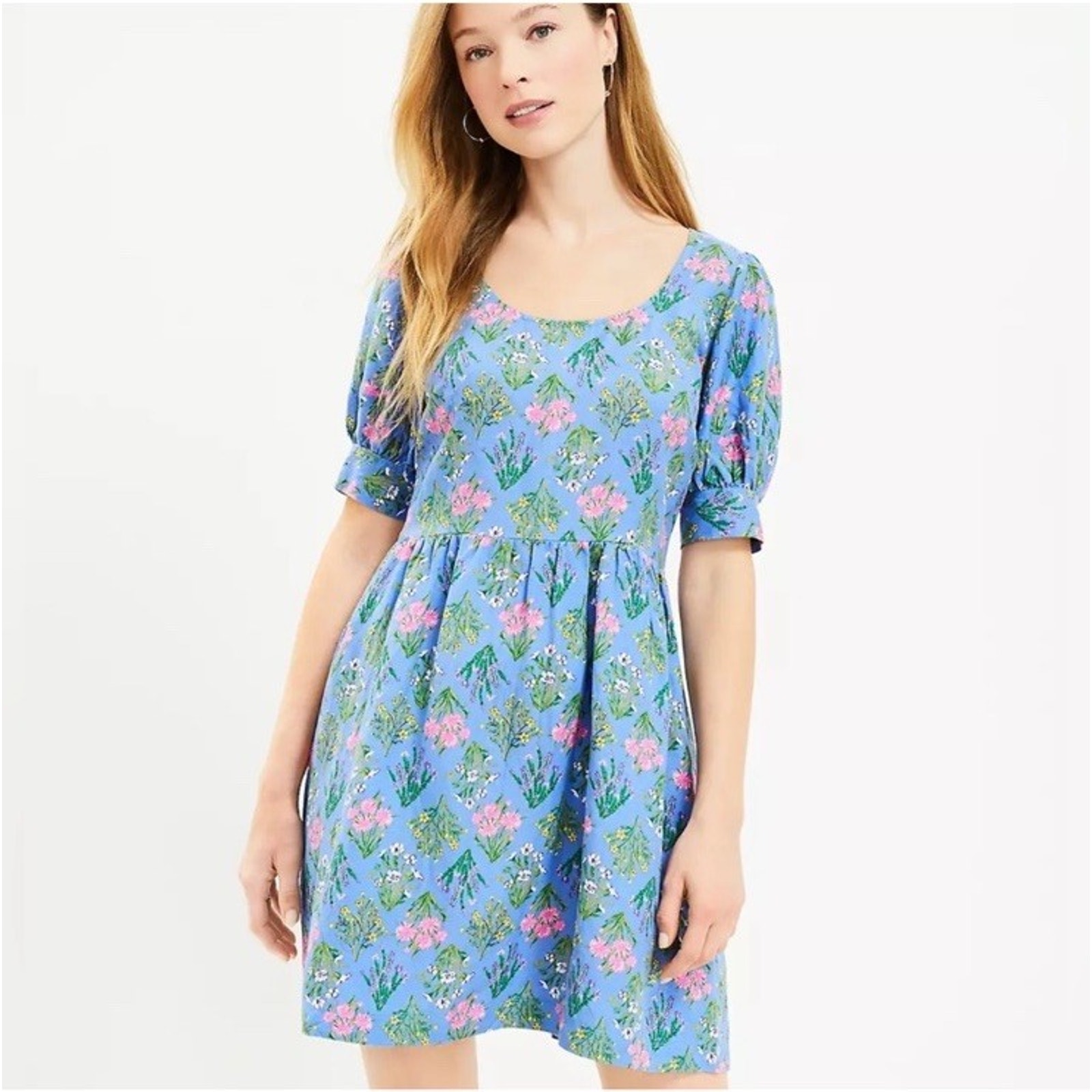LOFT Ann Taylor Blue Floral U-Neck Puff Sleeves Mini Dress Linen Blend Size 14