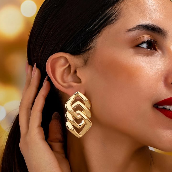 14K Gold Womens Hanging Square Triple Hoop Earrings Ladies 14 K Silver Jewelry