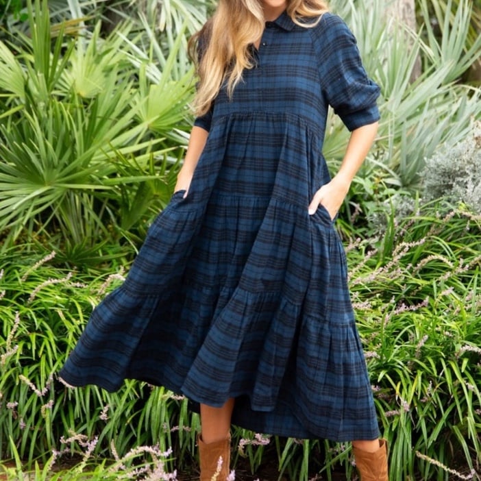 Natural Life Rebecca Flannel Blue Black Plaid Midi Dress SIZE MEDIUM