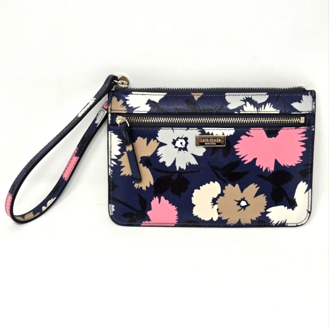 KATE SPADE SHORE STREET GALA FLORAL TINIE WRISTLET WALLET NAVY BLUE PINK FLOWERS