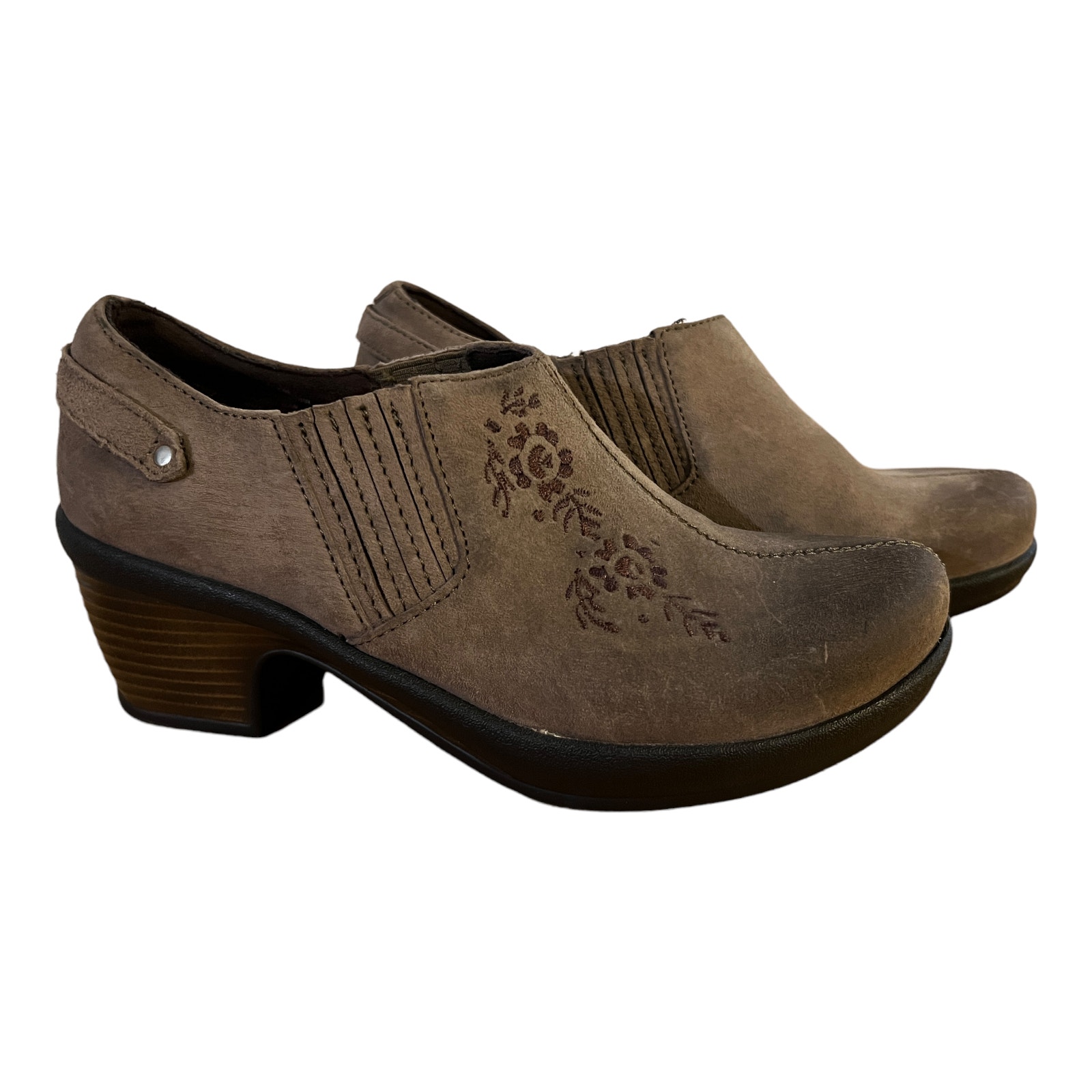 Klogs Womens Sz 7.5 M Brown Tan Clogs Non Slip Leather Upper Floral Embroidery
