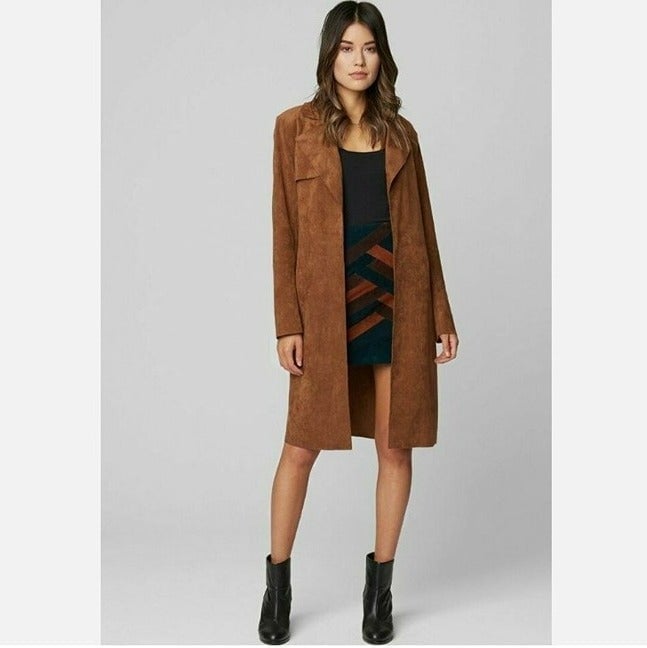 Blank NYC Coco Brown Faux Suede Belted Trench Coat Jacket with Pockets Size M