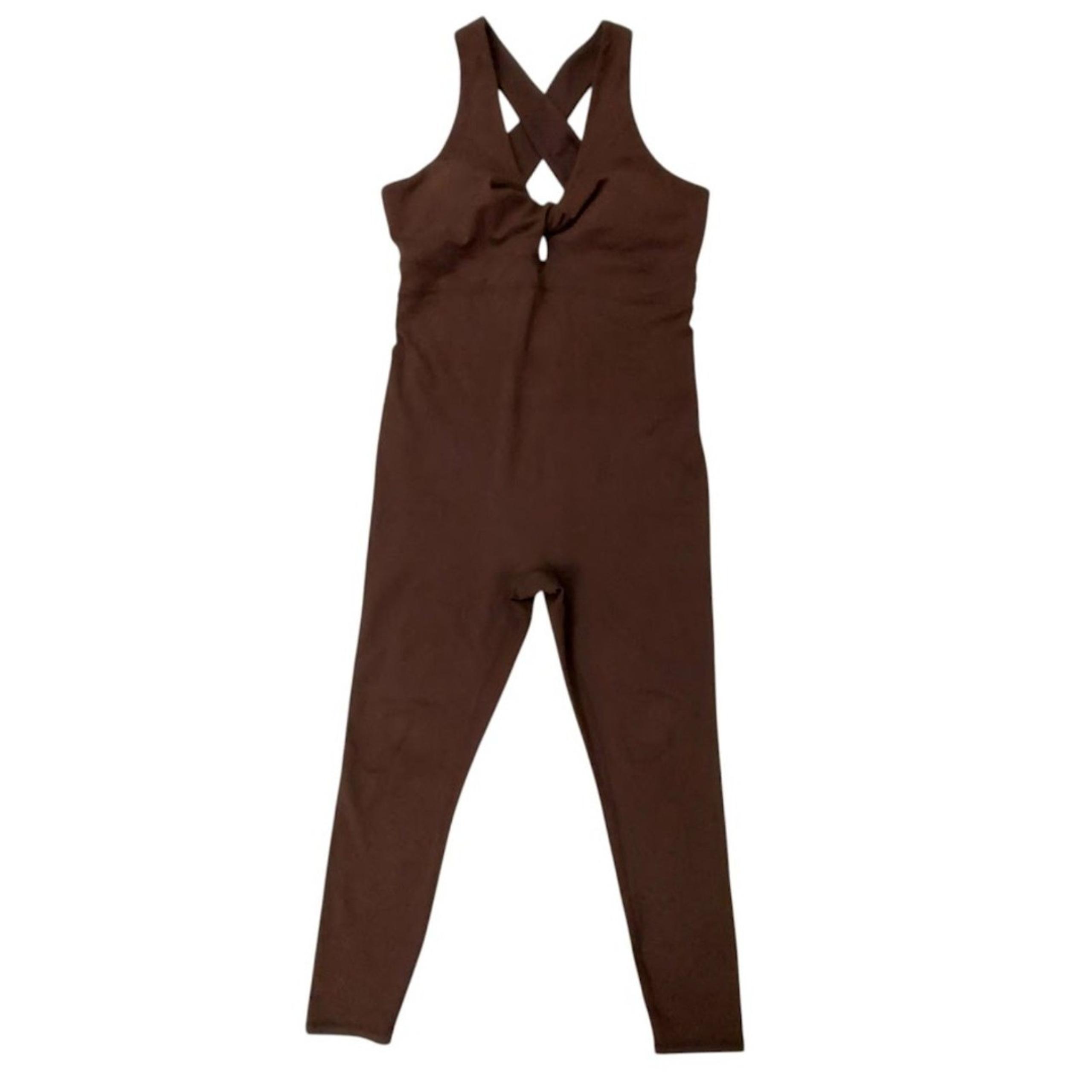 Fabletics Jumpsuit Womens Medium Brown Twist Front Oasis 7/8 Padded Athleisure
