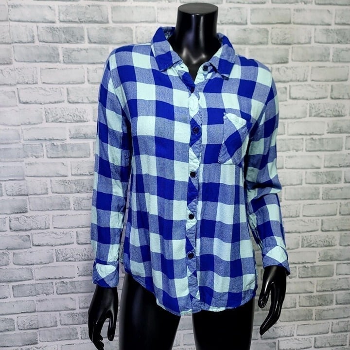 Rails Womens M Hunter Blue Mint Plaid Button Front Lightweight Flannel Top