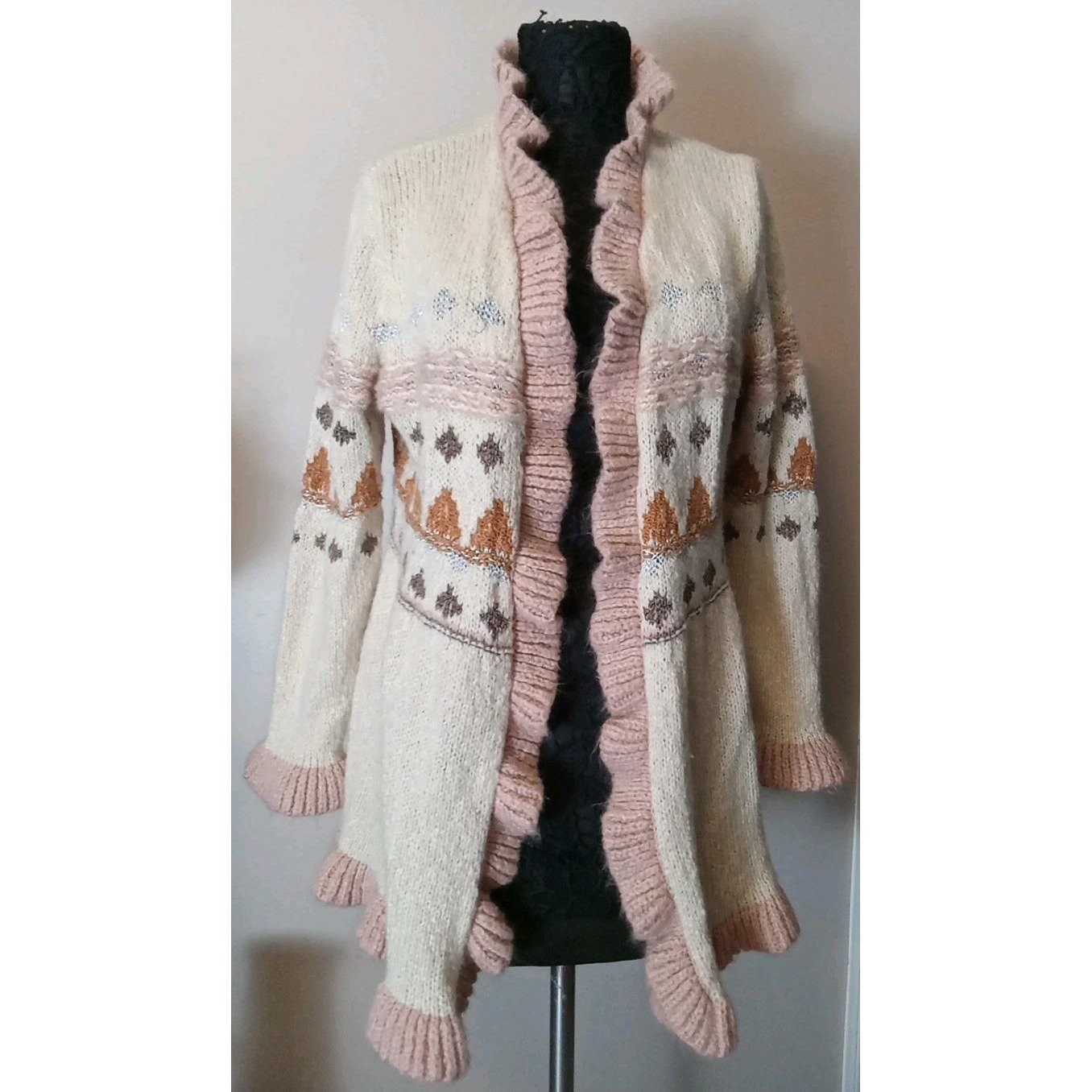 matilda jane womens Ivory Multicolor Pattern Knit Open Cardigan Sweater Size Xl