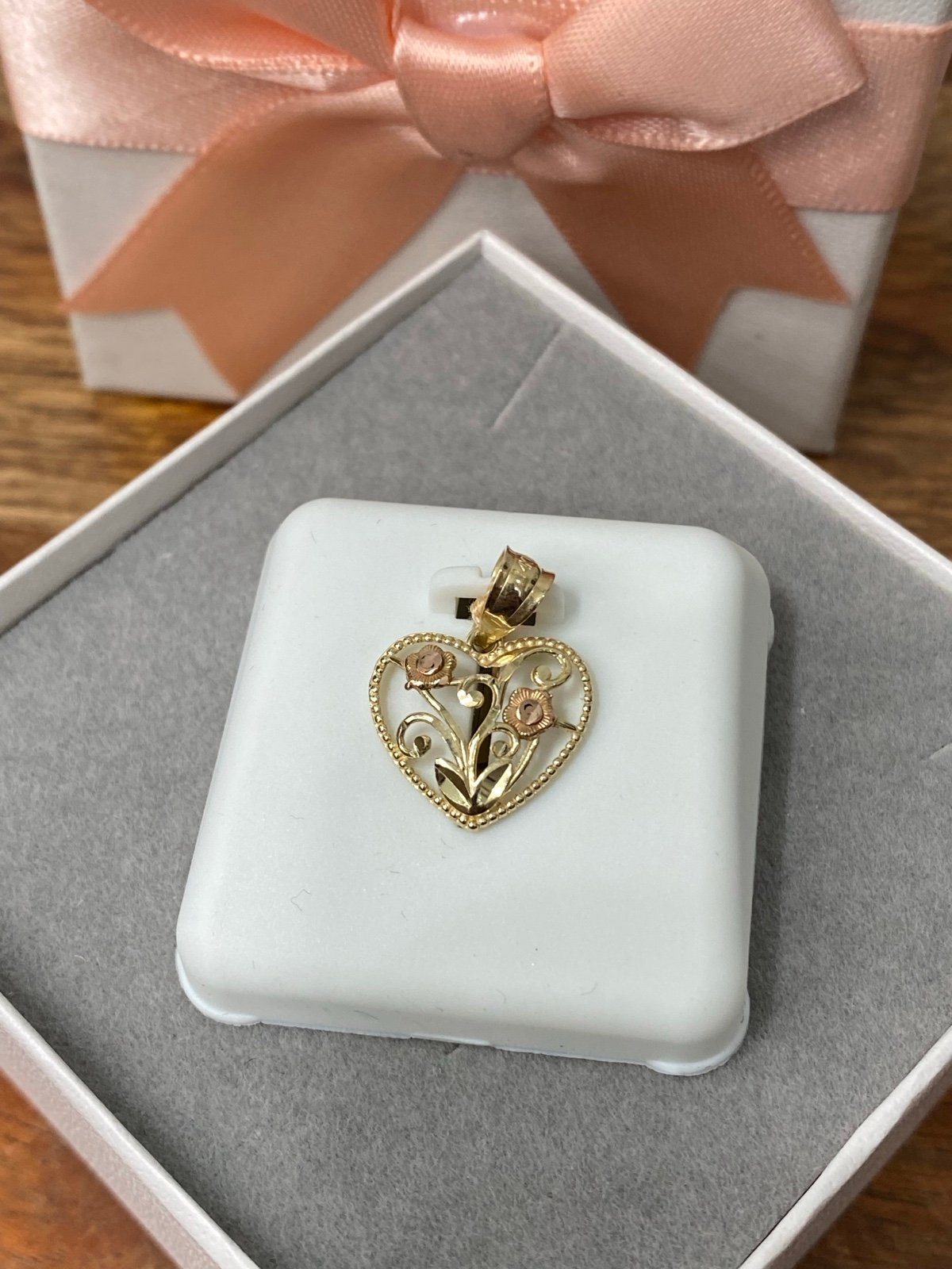 14K Two-tone Gold Heart Flower Pendant