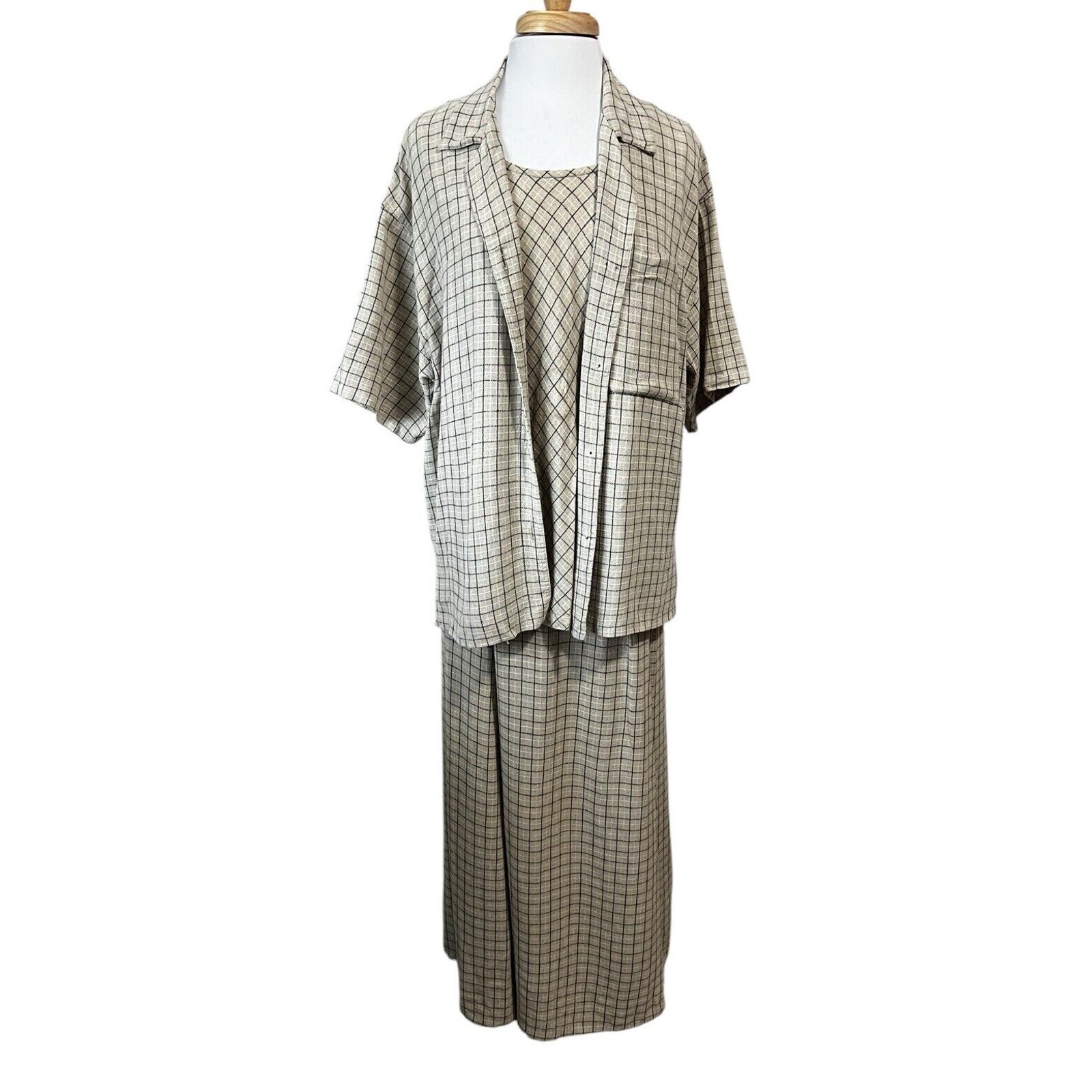 CHICO'S size L-XL Skirt Set Vintage Windowpane Plaid Linen Blend 3 Piece Set
