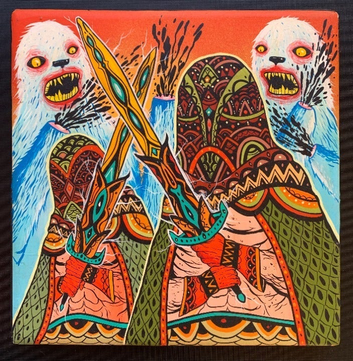 Original Skinner (Davis) Painting - masked warriors cutting off yetis hands