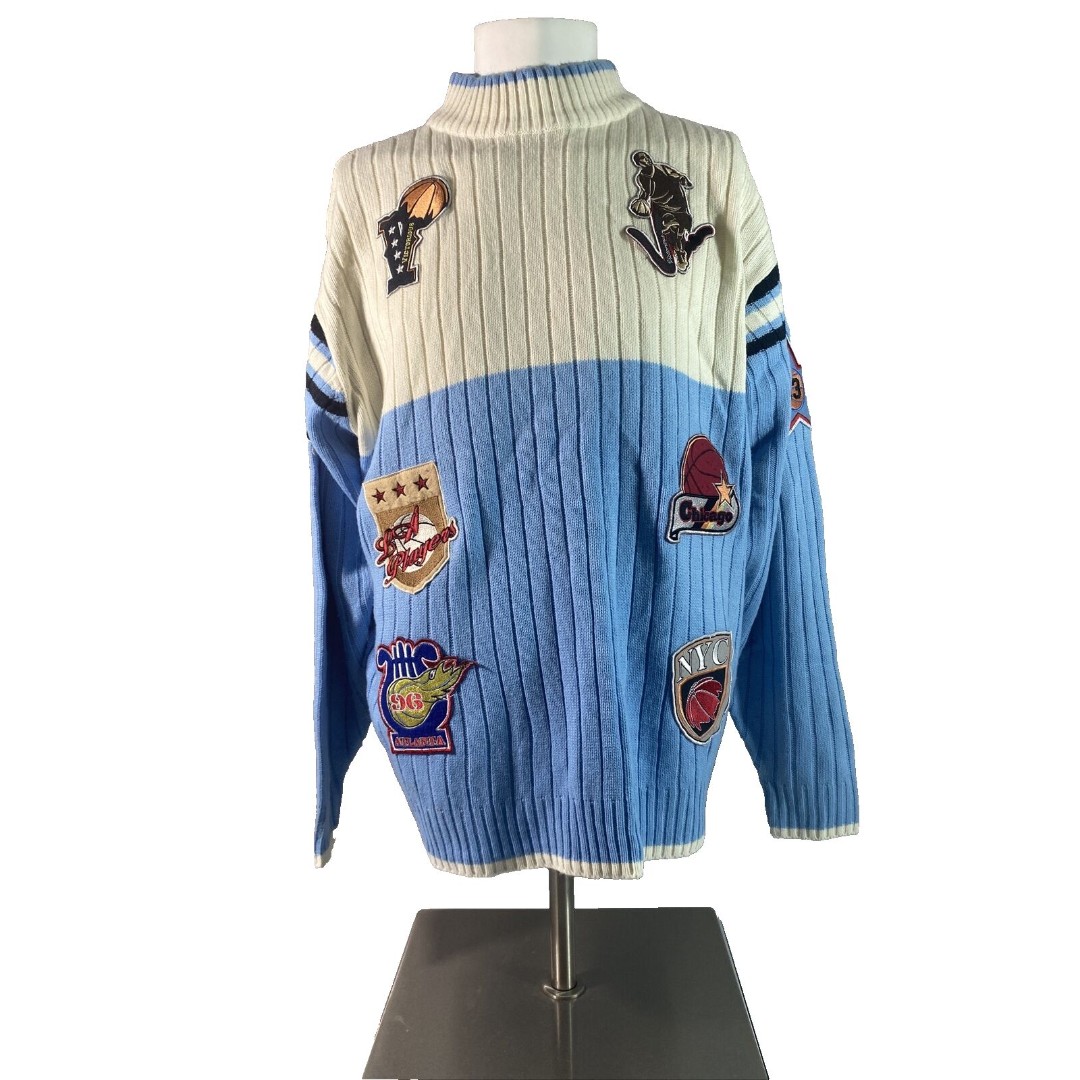 Victorious Turtle Neck Sweater Men Medium Ivory Blue Cable Knit Embroidered Logo