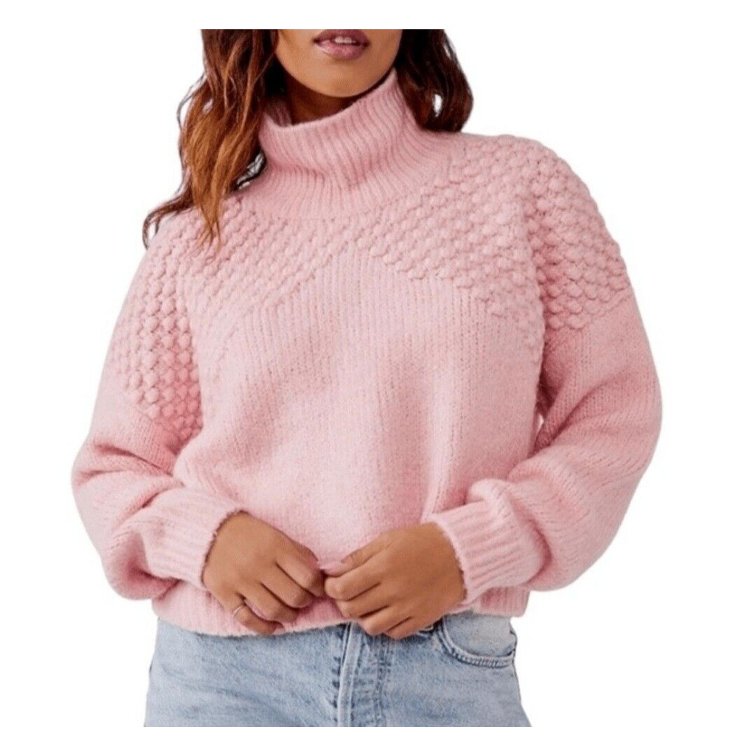 Free People Sweater Womens XS Cropped Bubblegum Pink Chunky Knit Mock Neck Fuzzy