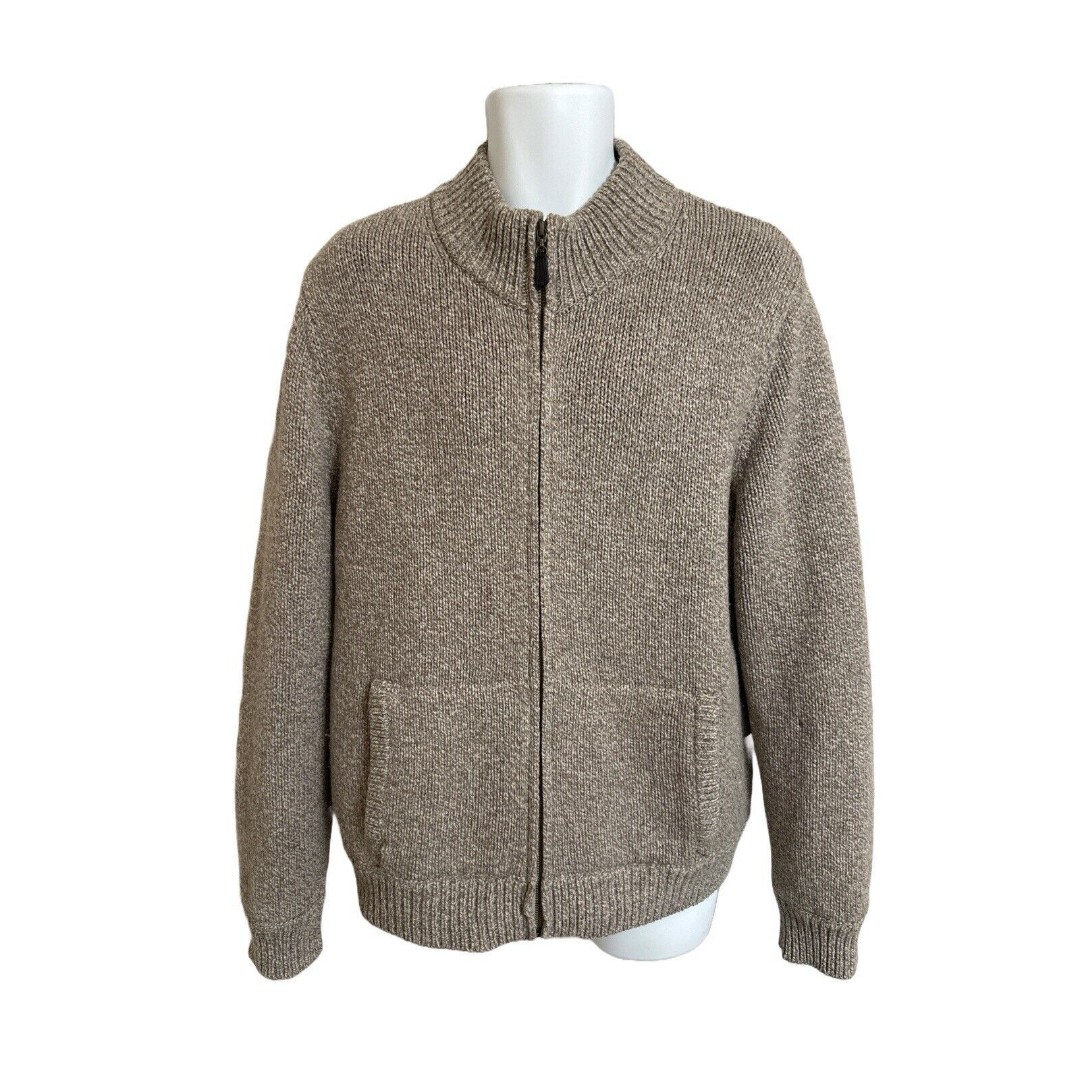 LL Bean Men's M Lambs Wool Beige Sweater Full Zip Flannel Plaid Lined 500921