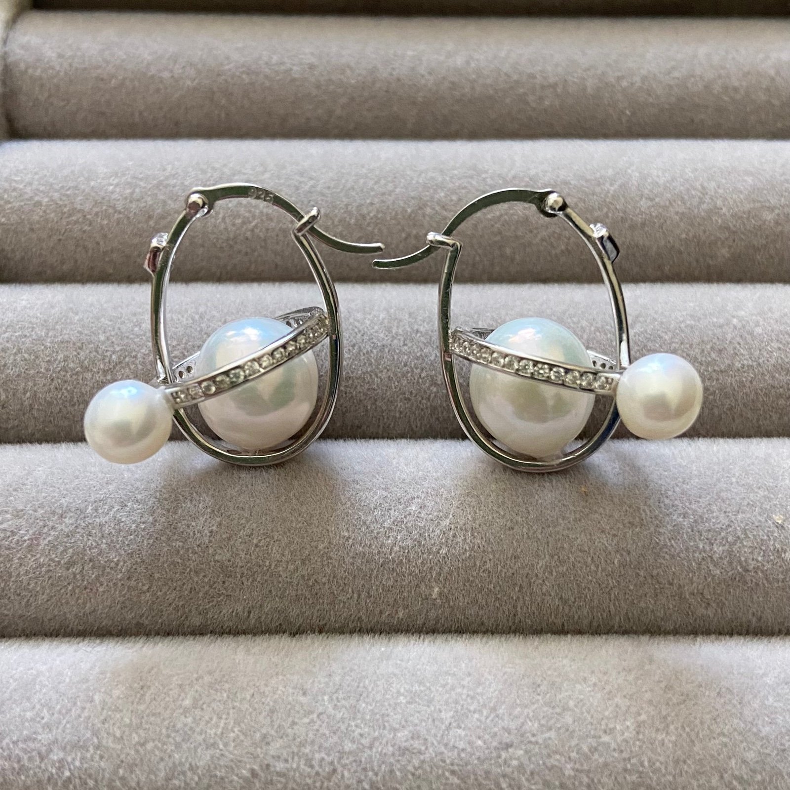 South Sea and Akoya White Double Pearl Orbit Hook Earrings Sterling Silver