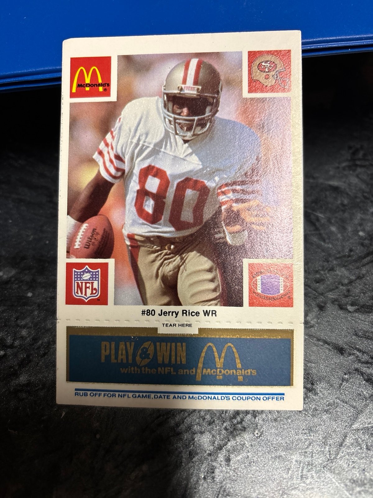 1986 McDonald’s Jerry Rice Play & Win card. Rare Blue Tab. Rookie year.