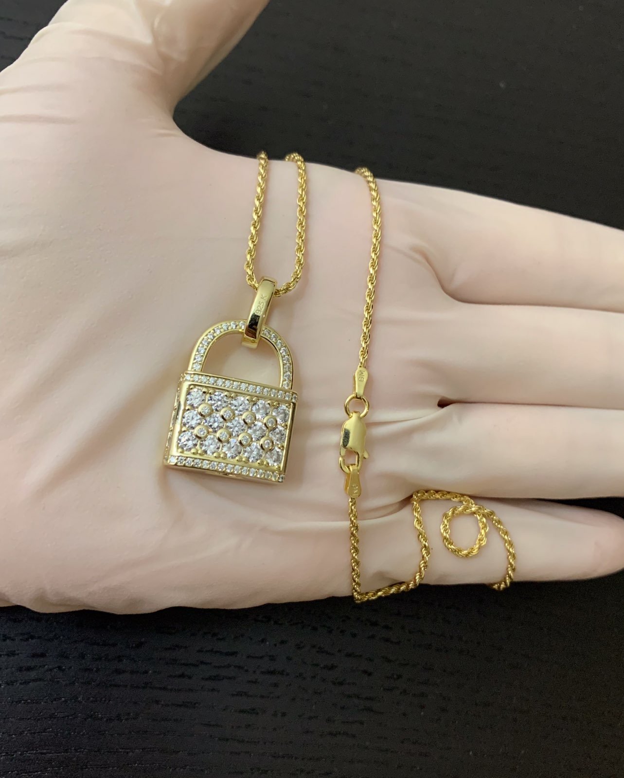 14k yellow gold 925 diamond lock chain
