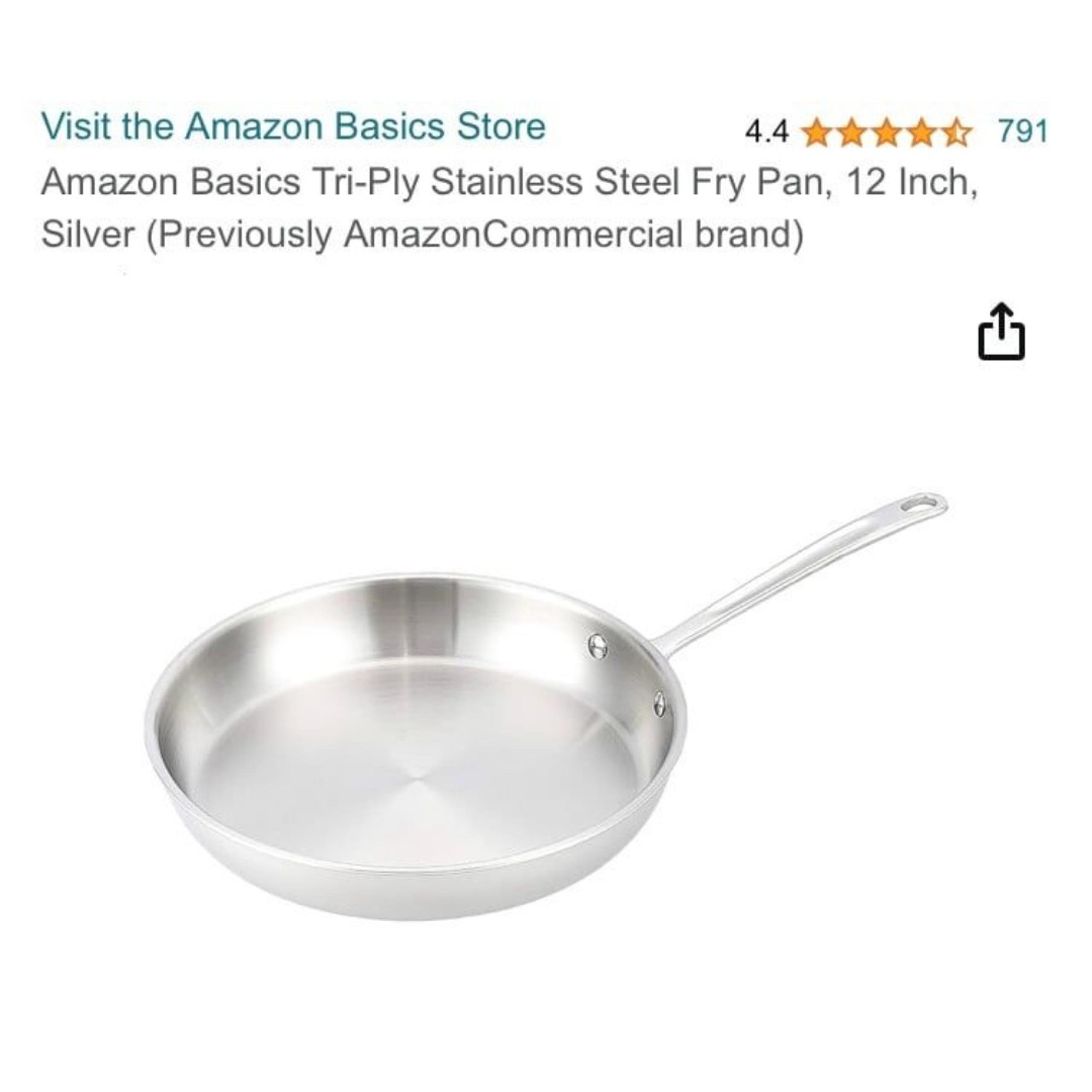 Amazon Basics Tri-Ply Stainless Steel Fry Pan, 12 Inch, Silver