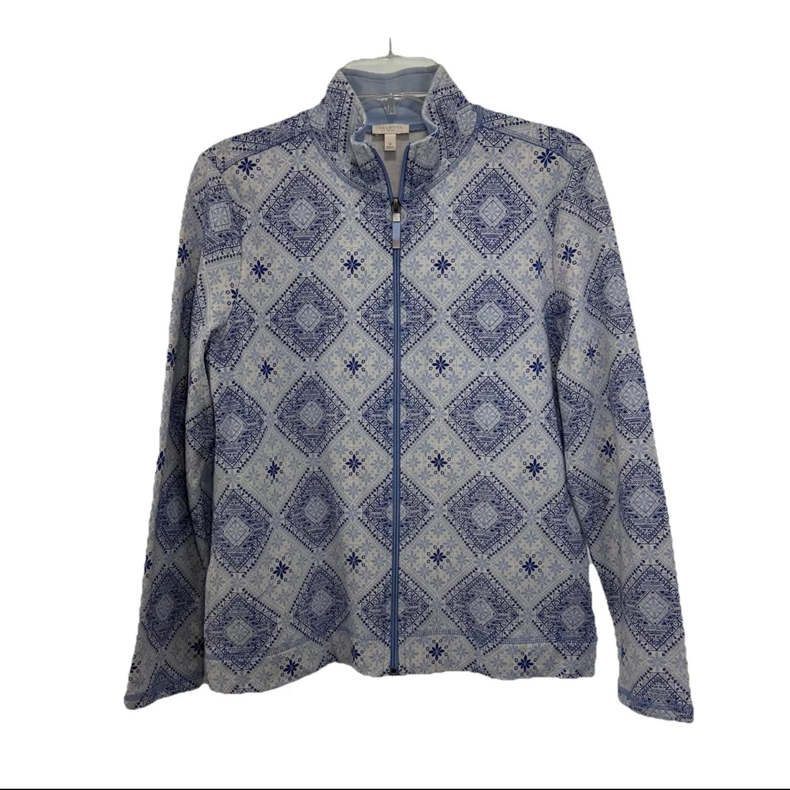 Talbots French Terry Zip Up Jacket Petite Small Blue Geometric Mock Neck Cotton