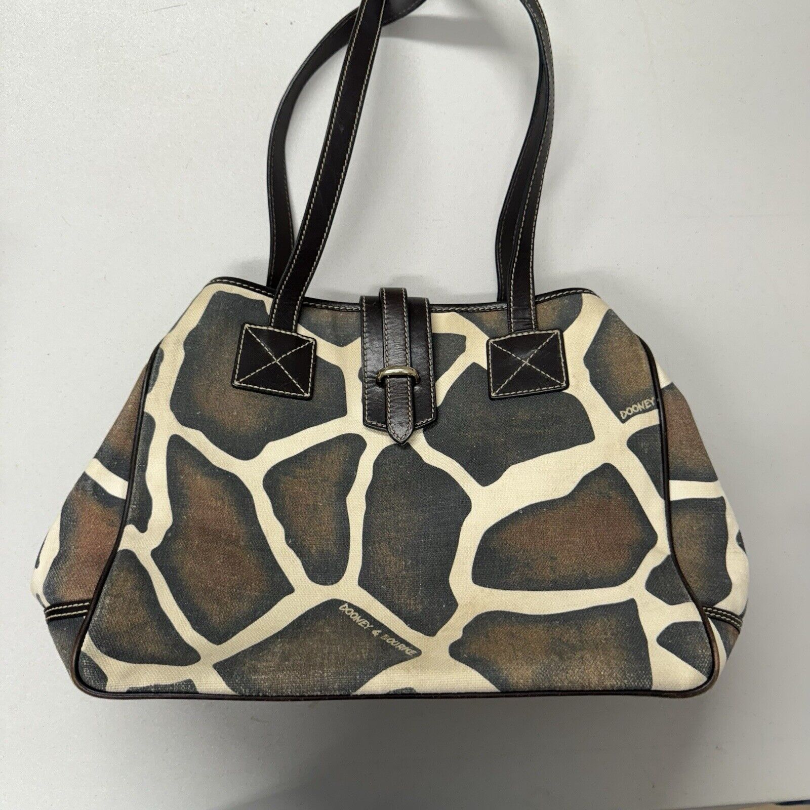 Dooney & Bourke Giraffe Print Canvas Shoulder Tote Bag Leather Trim Vintage Y2K