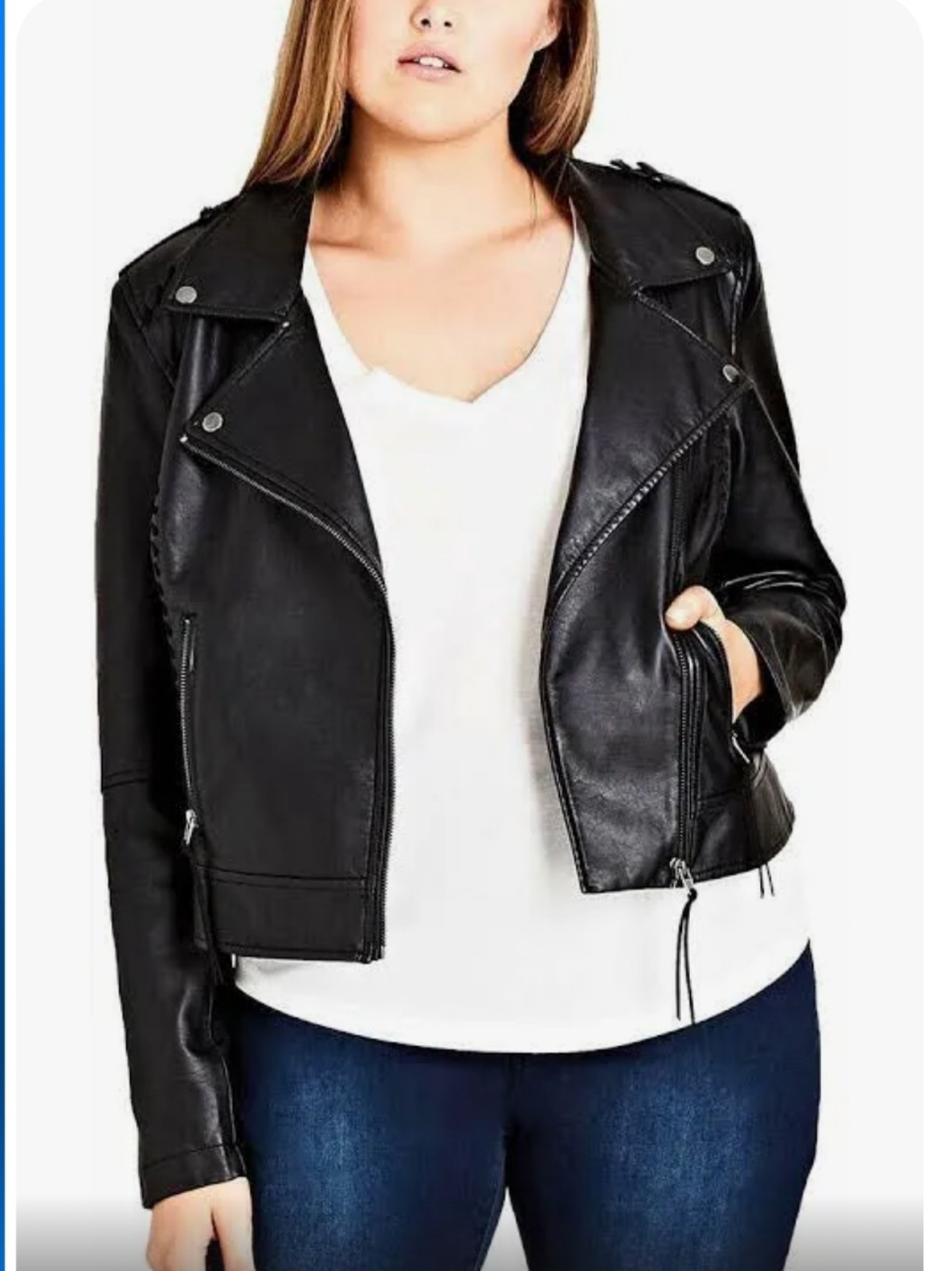 City Chic Womens Black Faux Leather Whip Stitch Full Zip Biker Jacket xl/22